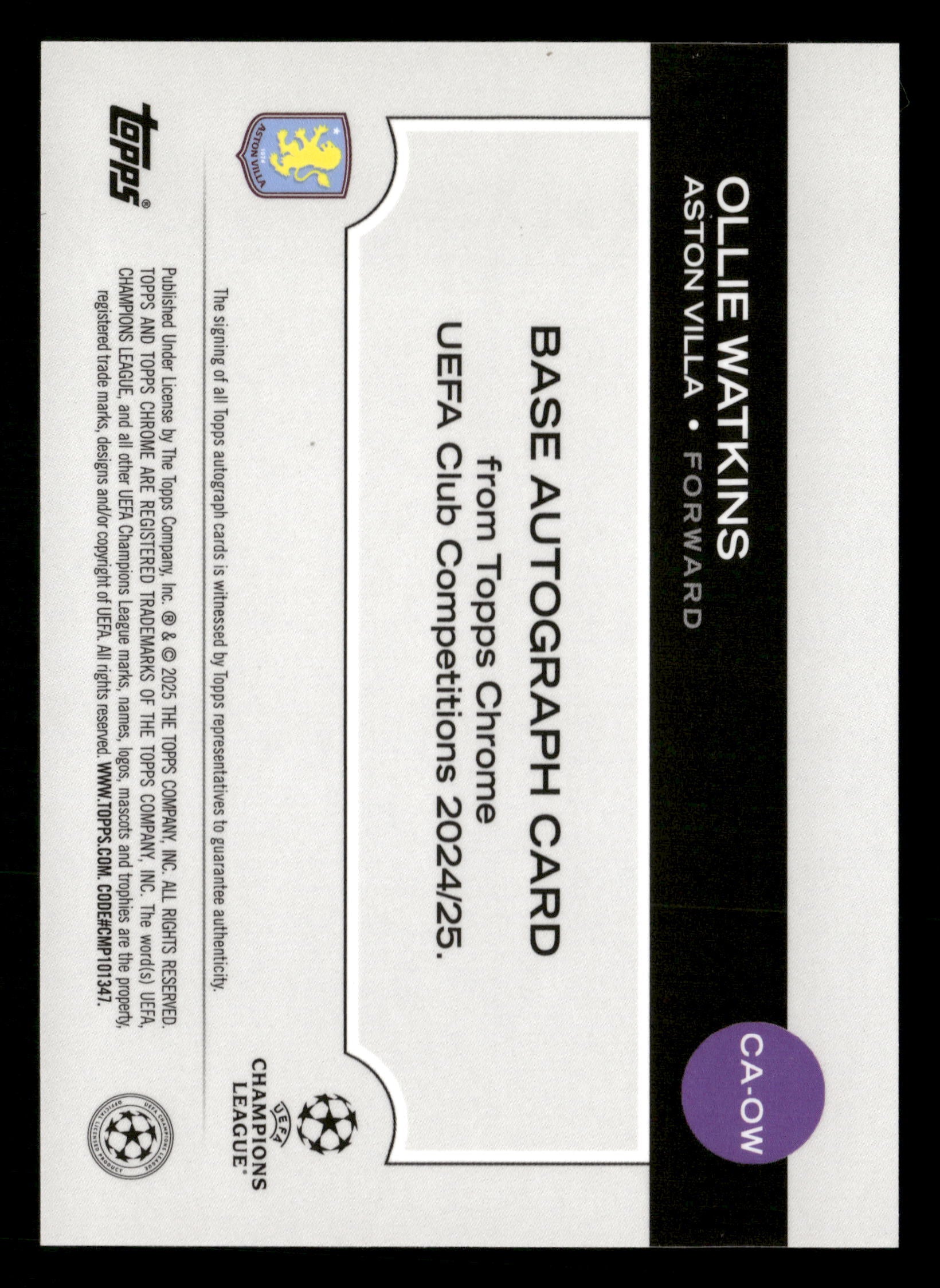2023-24 Topps Chrome UCC#CA-OW Ollie Watkins Chrome Auto #/150 - Image 2