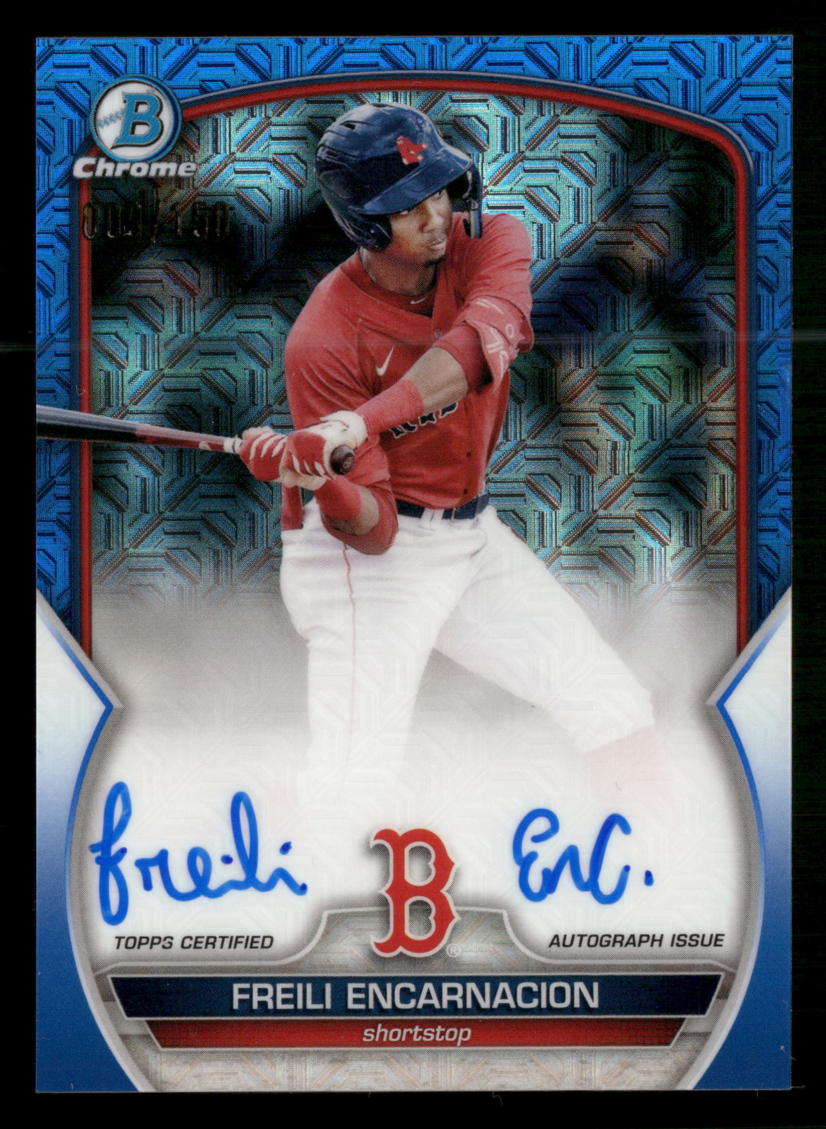 2023 Bowman #BMA-FE Freili Encarnacion Chrome Auto Mojo Blue #/150