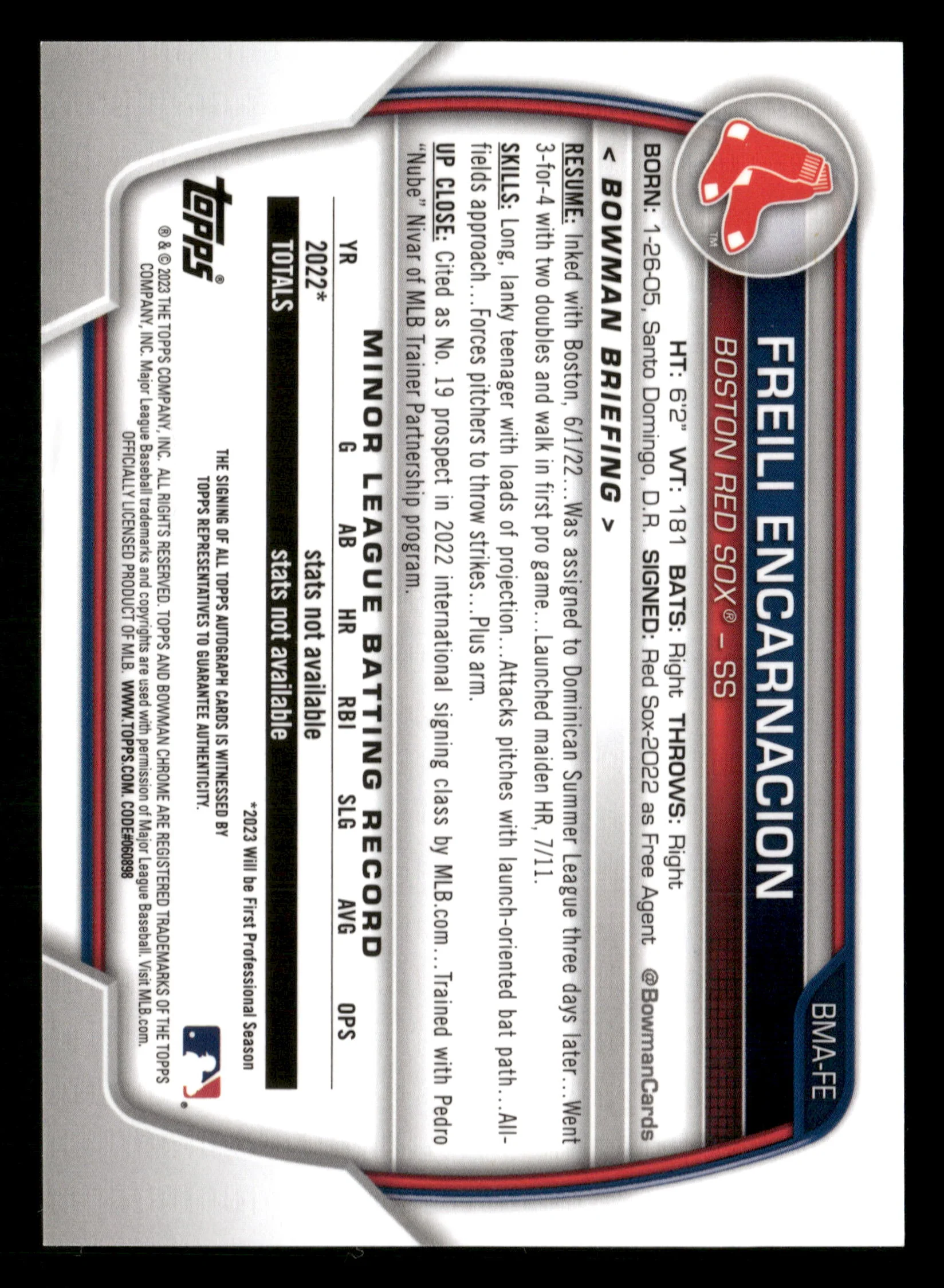 2023 Bowman #BMA-FE Freili Encarnacion Chrome Auto Mojo Blue #/150 - Image 2