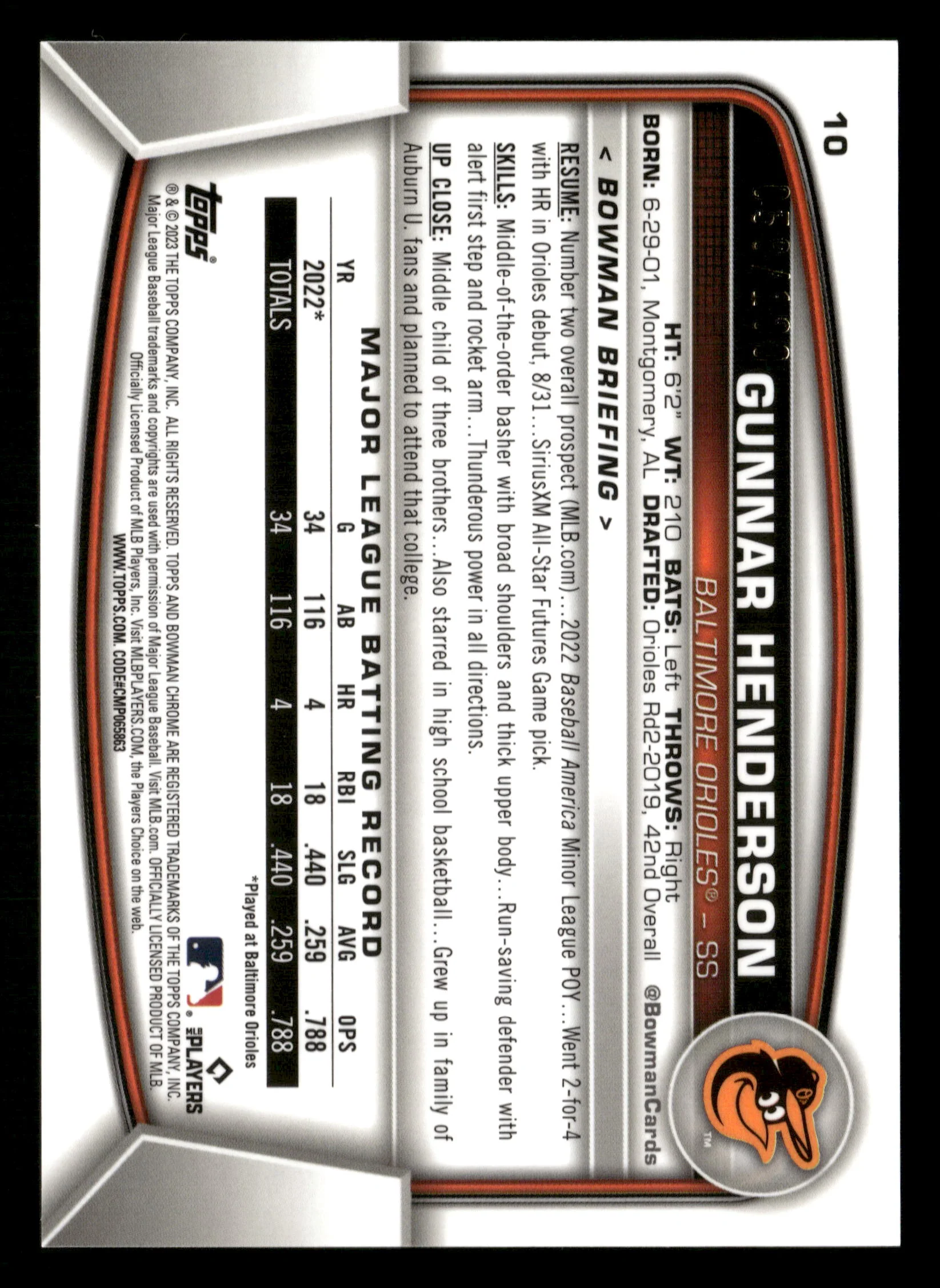 2023 Bowman Chrome #10 Gunnar Henderson Wave Refractor #/100 - Image 2