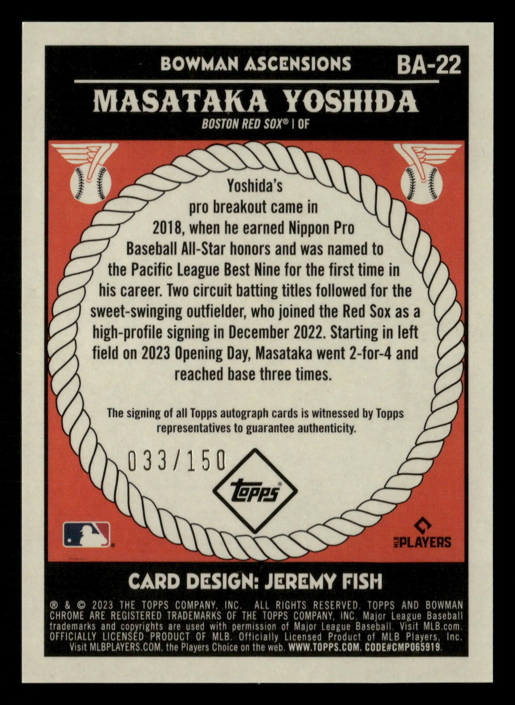 2023 Bowman Chrome #BA-22 Masataka Yoshida Bowman Ascensions Autographs #/150 - Image 2