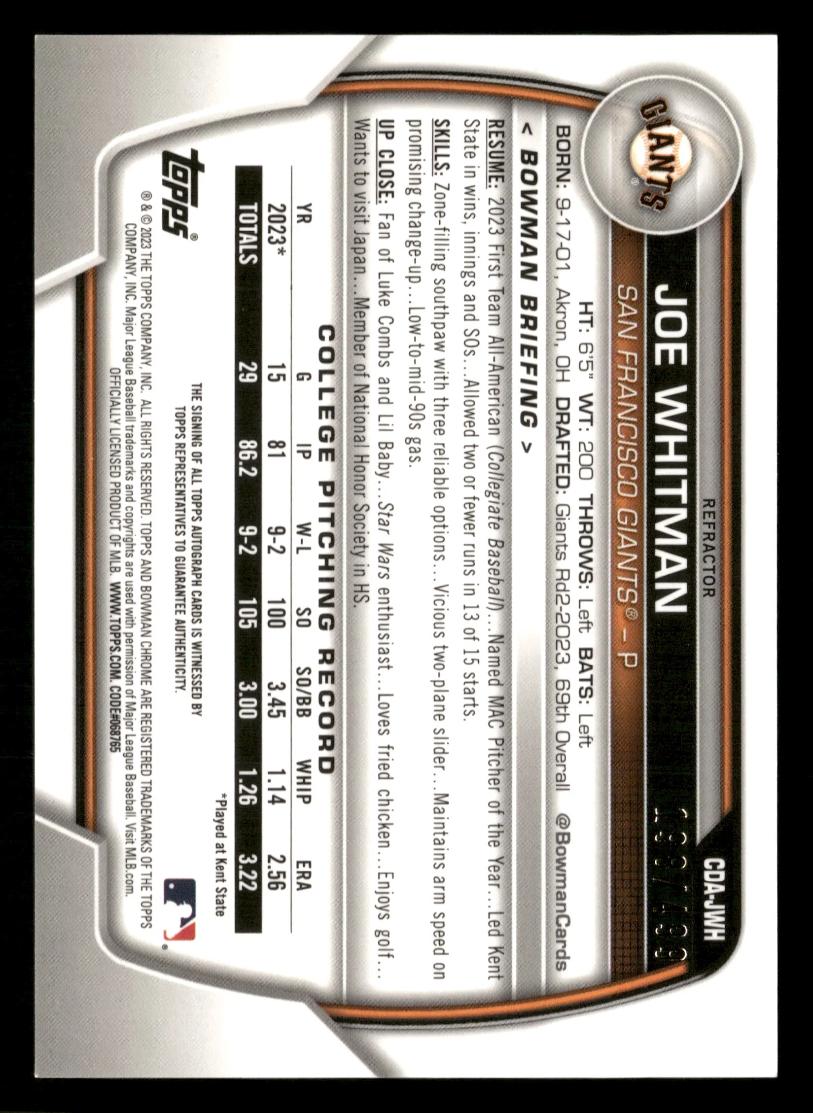 2023 Bowman Draft #CDA-JWH Joe Whitman Chrome Prospect Auto Refractor #/499 - Image 2
