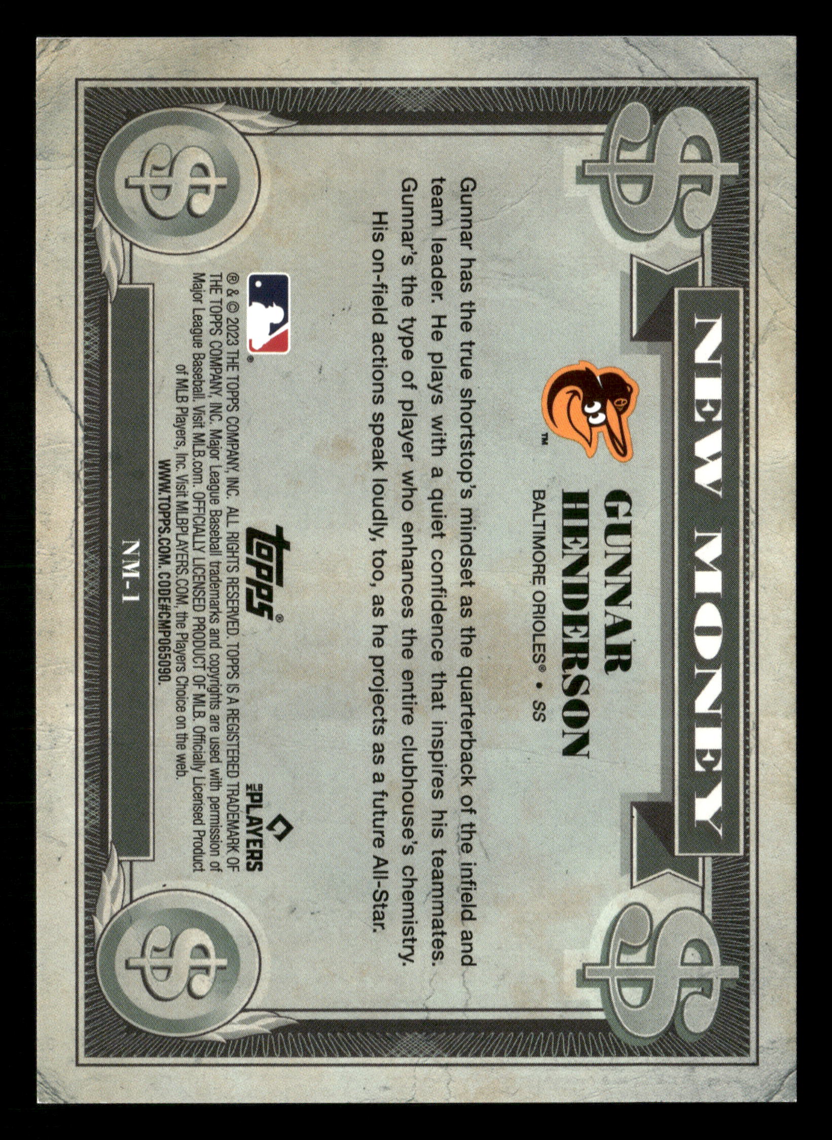 2023 Bowman Platinum #NM-1 Gunnar Henderson New Money Ice Foil SP #/75 - Image 2