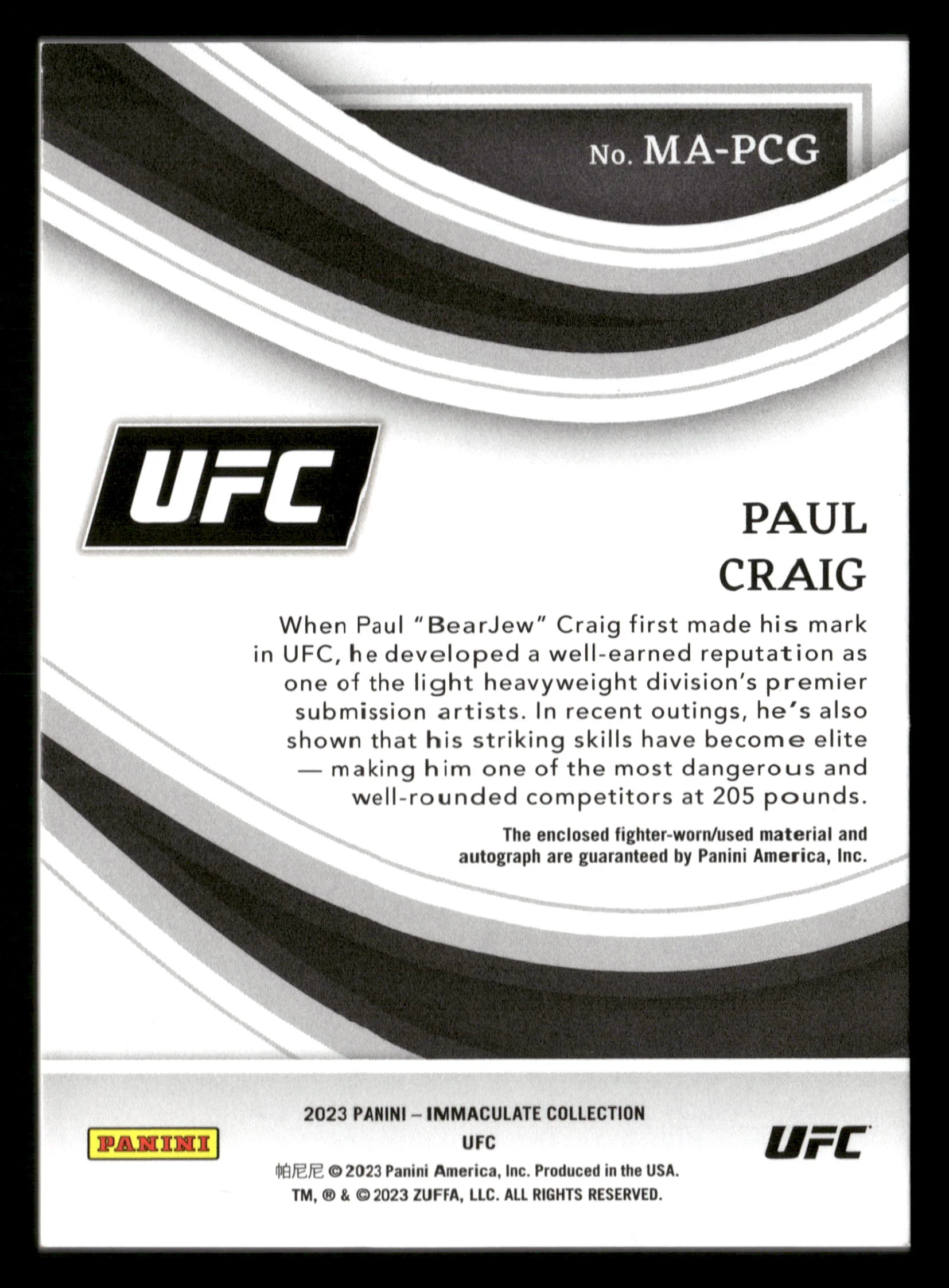 2023 Immaculate Collection UFC Paul Craig Memorabilia Auto Red #/25 - Image 2