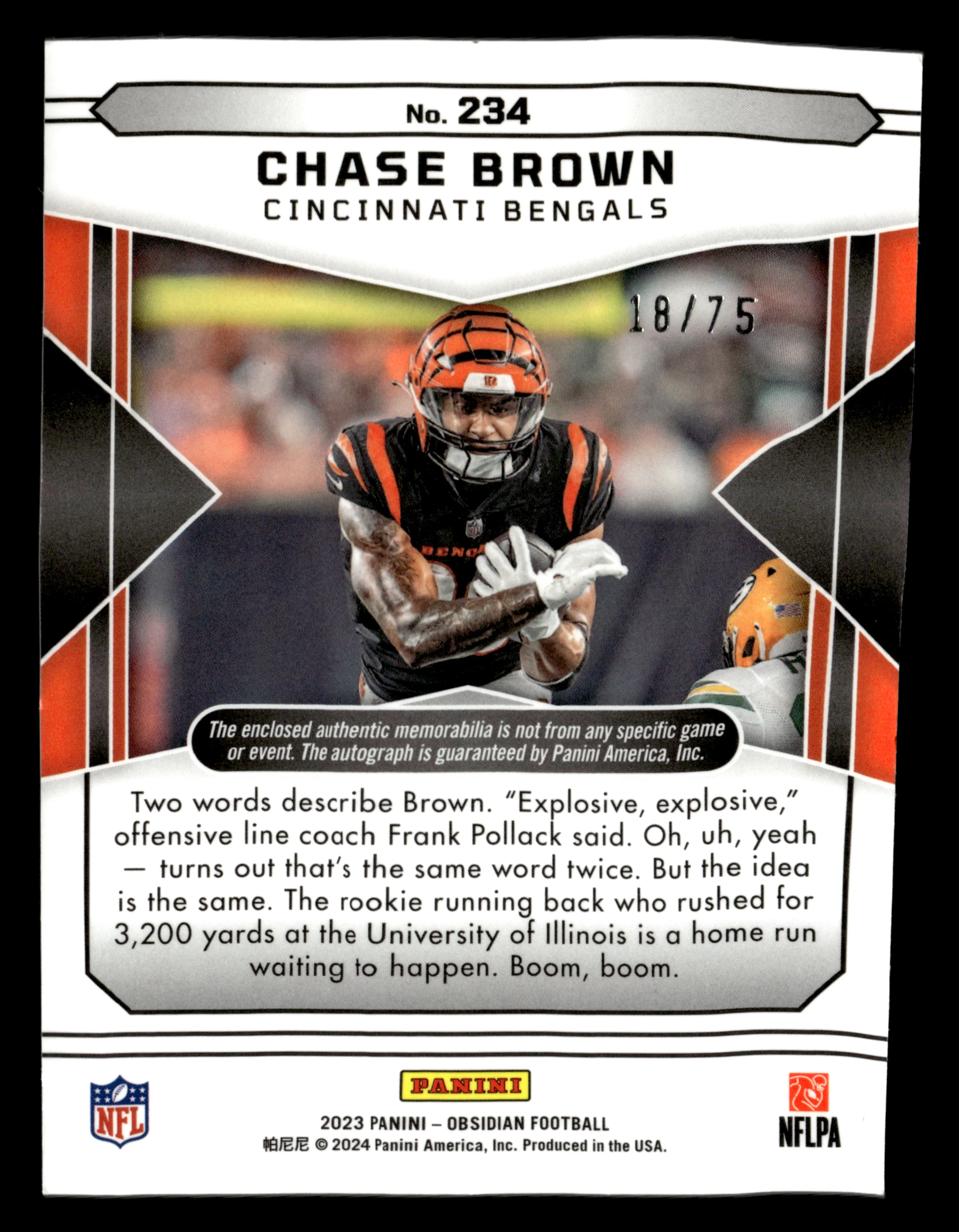 2023 Panini Obsidian #234 Chase Brown Electric Etch Purple Auto #/75 - Image 2