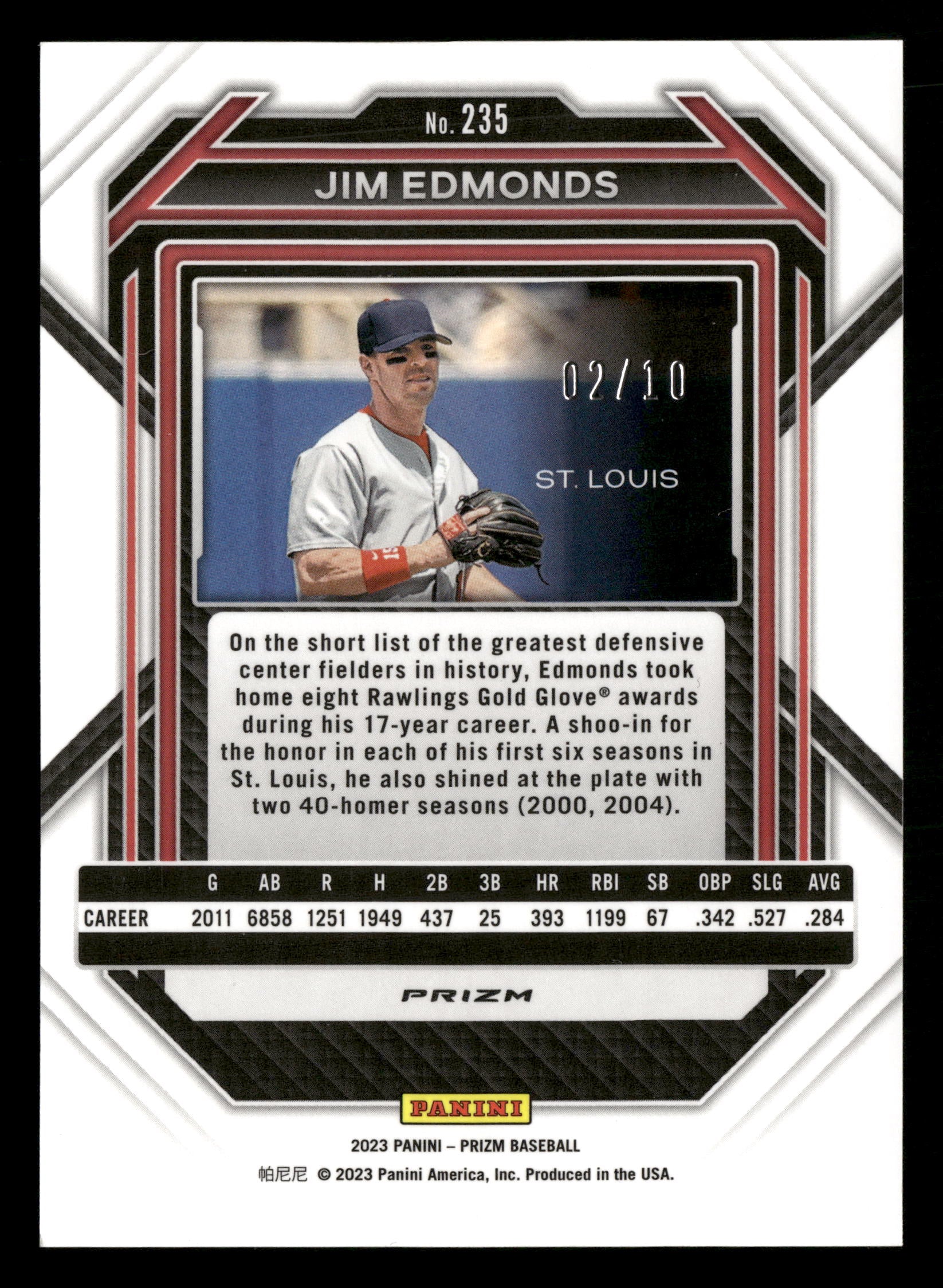 2023 Panini Prizm #235 Jim Edmonds Gold Prizms #/10 - Image 2