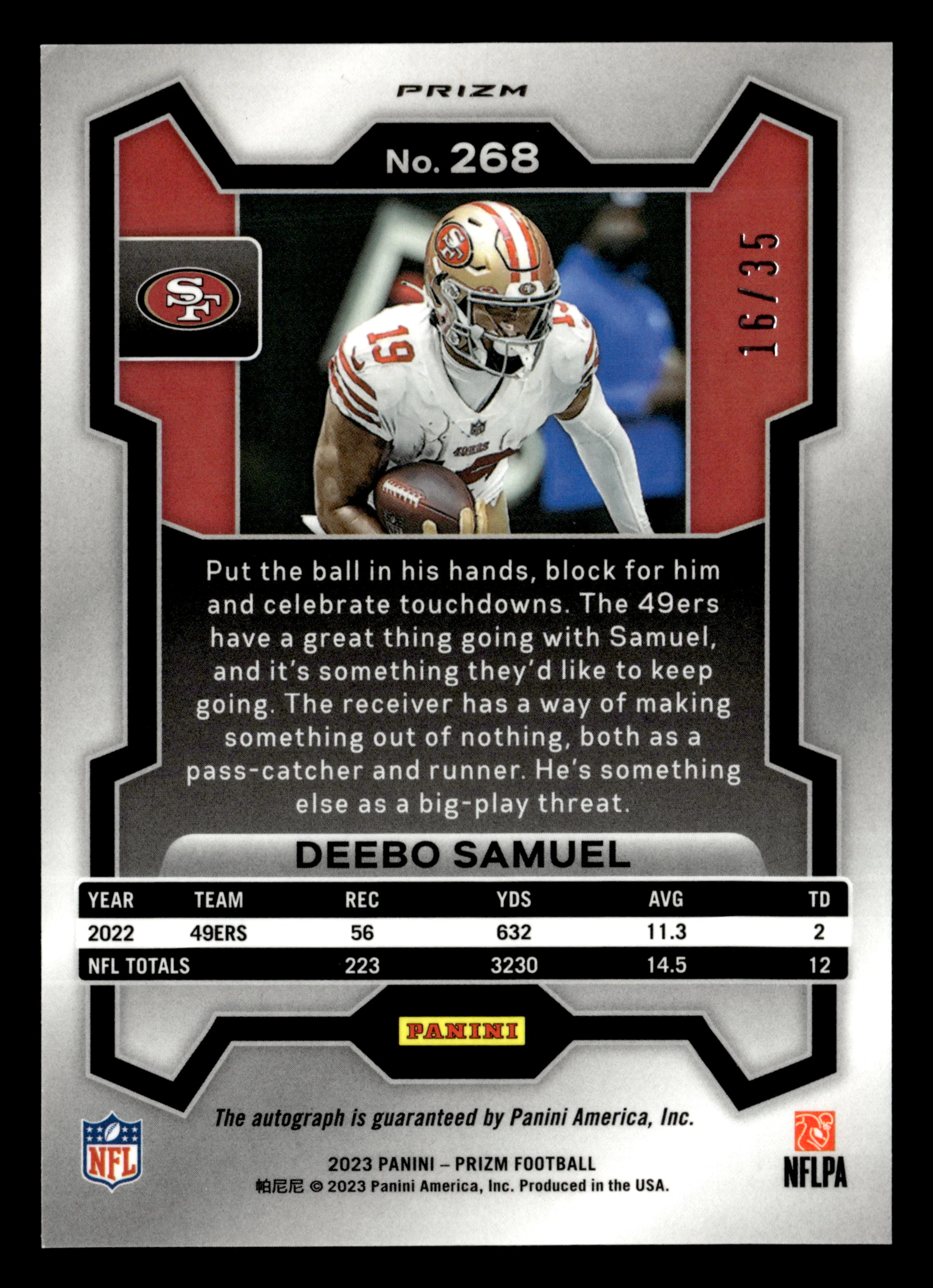 2023 Panini Prizm #268 Deebo Samuel Autographs Prizm Red Shimmer #/35 - Image 2