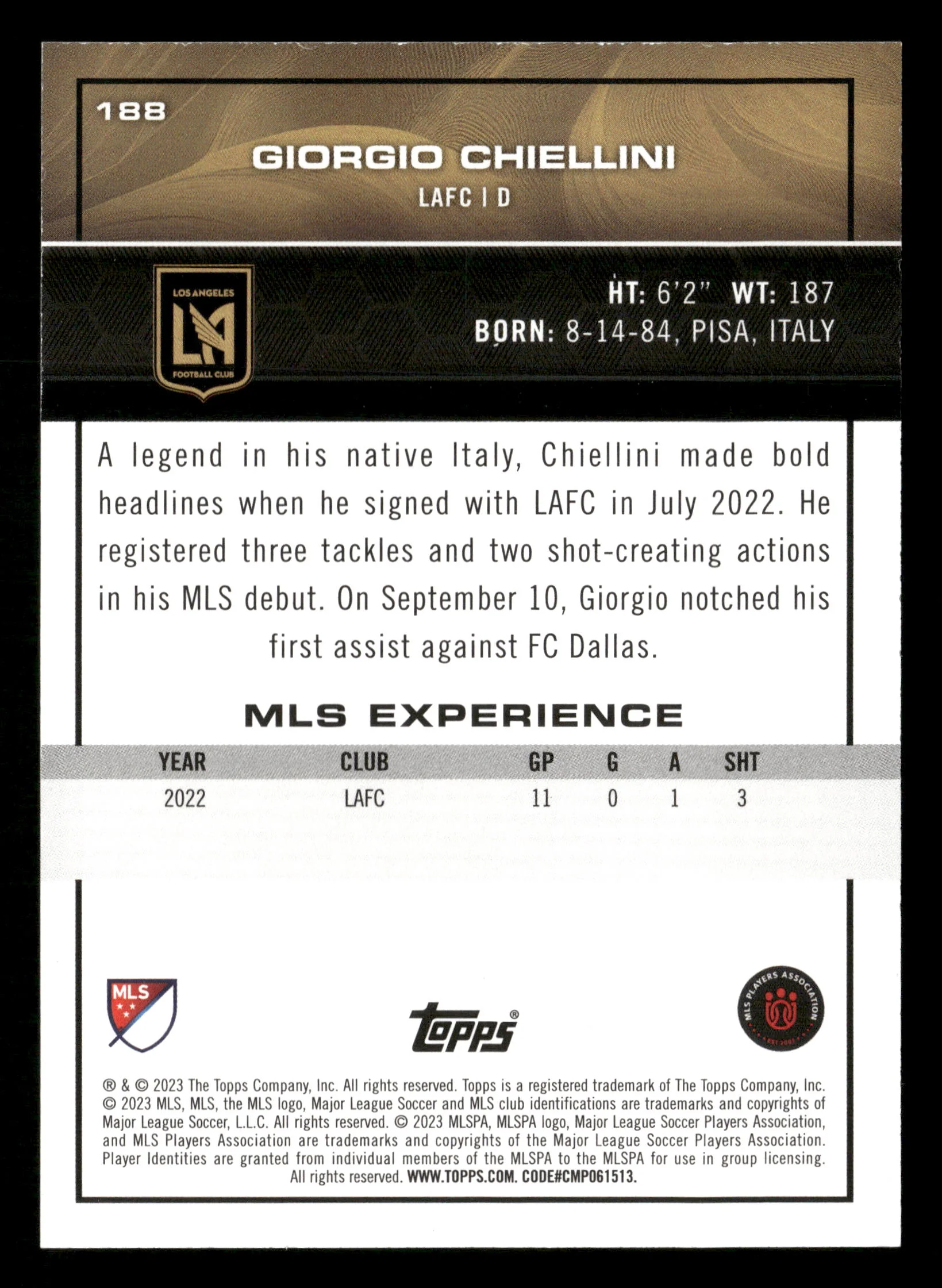 2023 Topps MLS #188 Giorgio Chiellini Orange Foil #/25 - Image 2