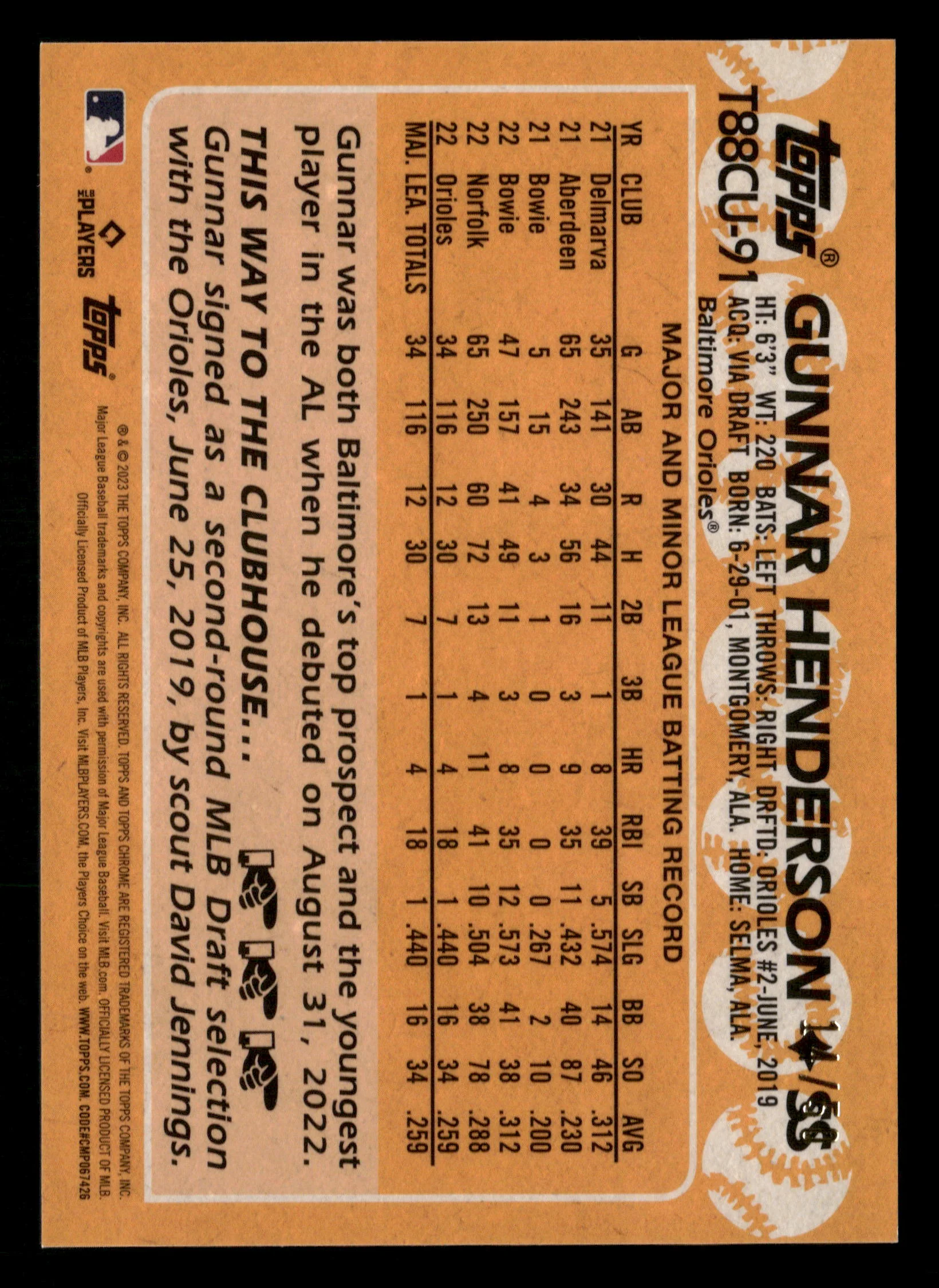 2023 Topps Update #T88CU-91 Gunnar Henderson Silver Pack Chrome Gold #/50 - Image 2
