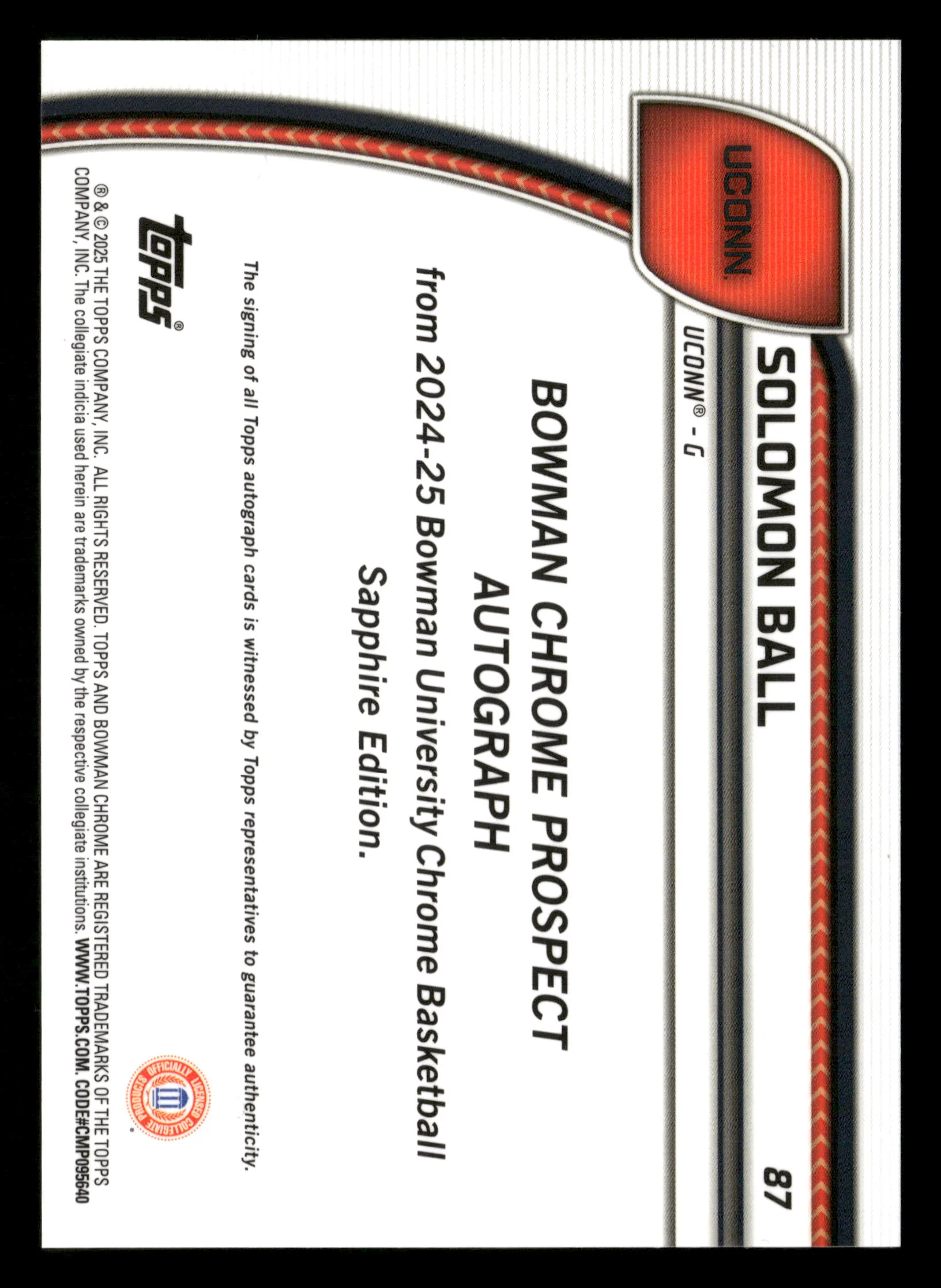 2024-25 Bowman University Chrome Sapphire #87 Solomon Ball Orange #/25 - Image 2