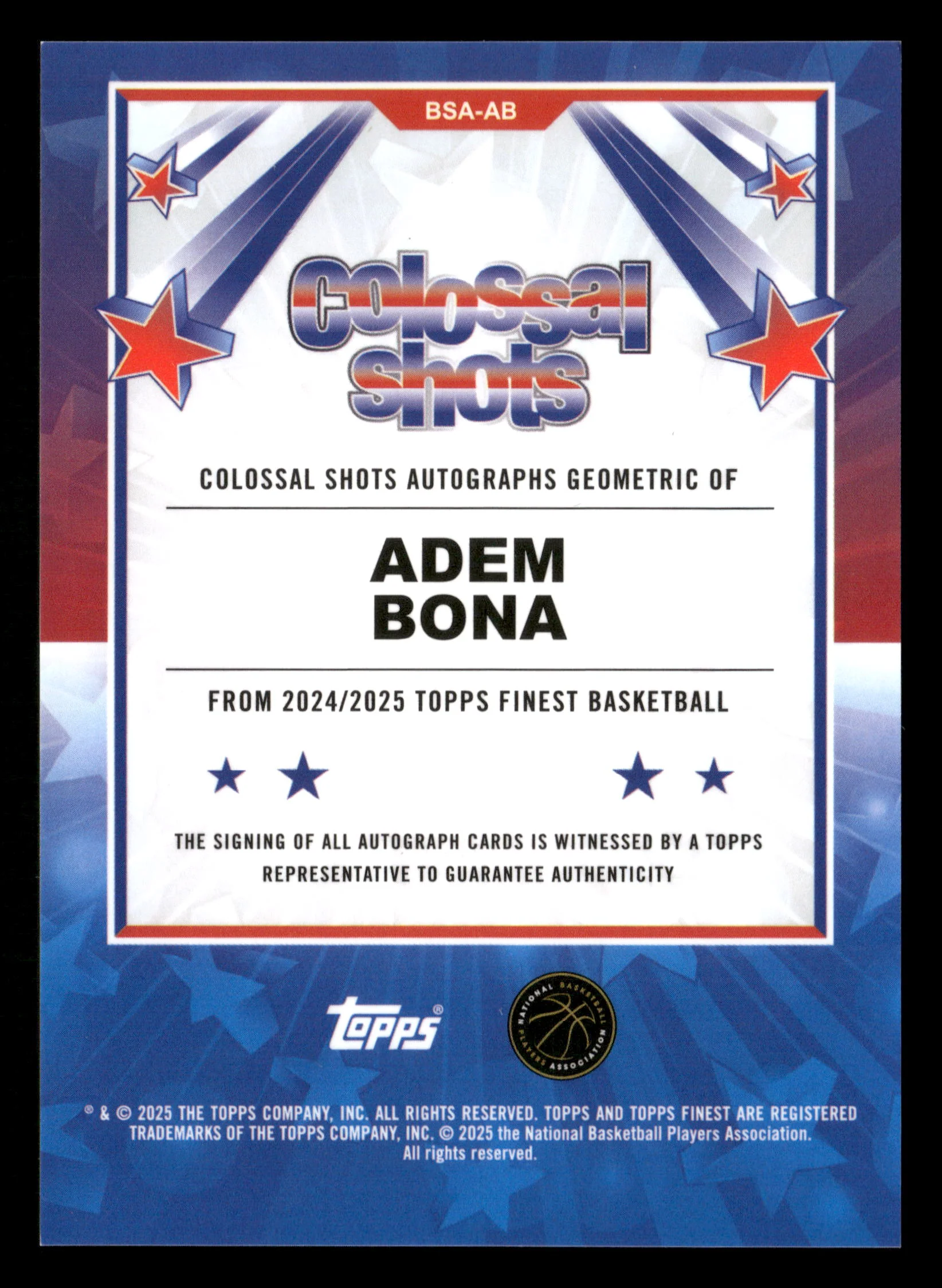 2024-25 Finest #BSA-AB Adem Bona Colossal Shots Auto Geometric Red/Black #/10 - Image 2
