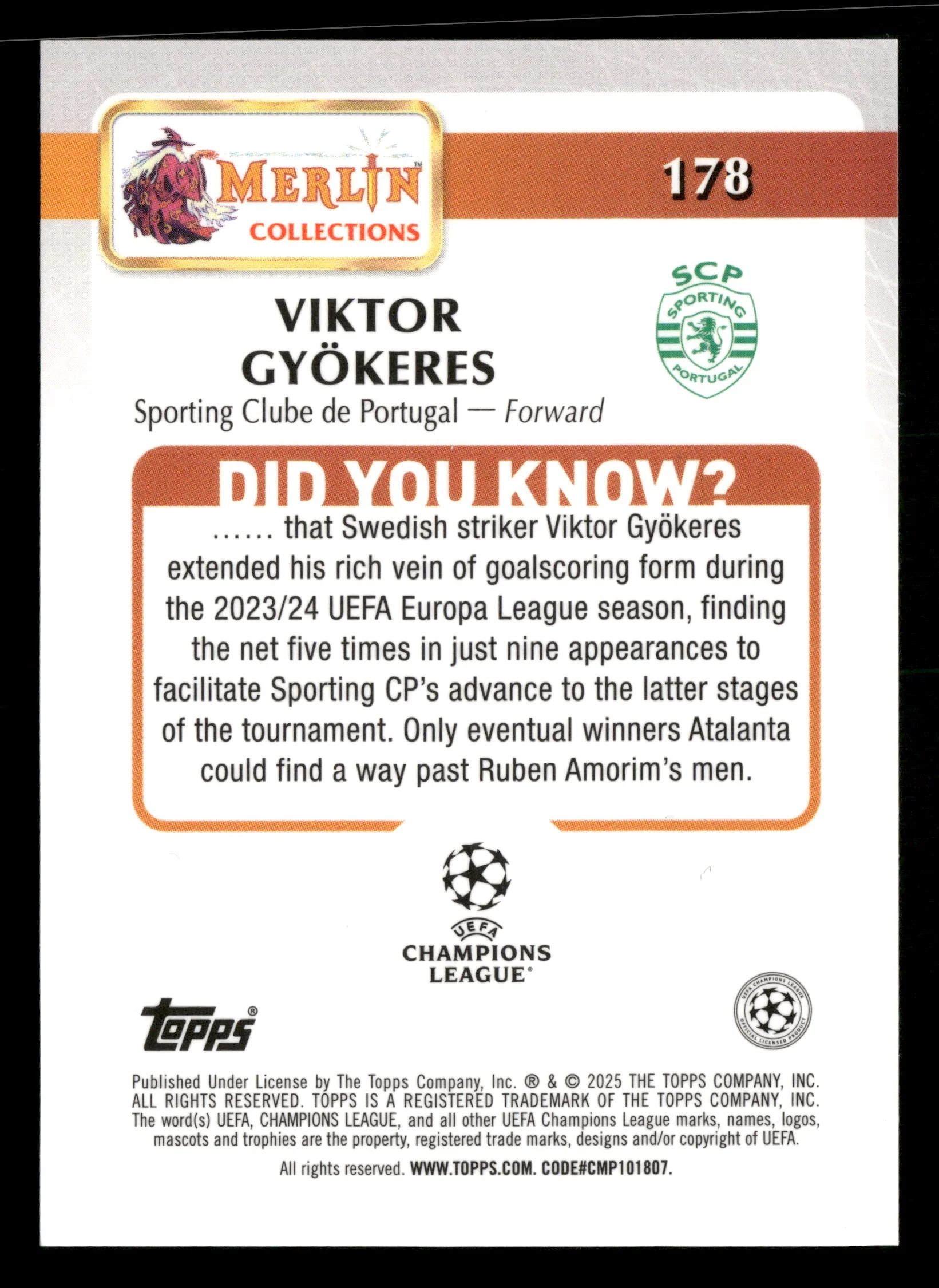 2024-25 Merlin UEFA Club Competitions #178 Viktor Gyökeres Gold #/50 - Image 2