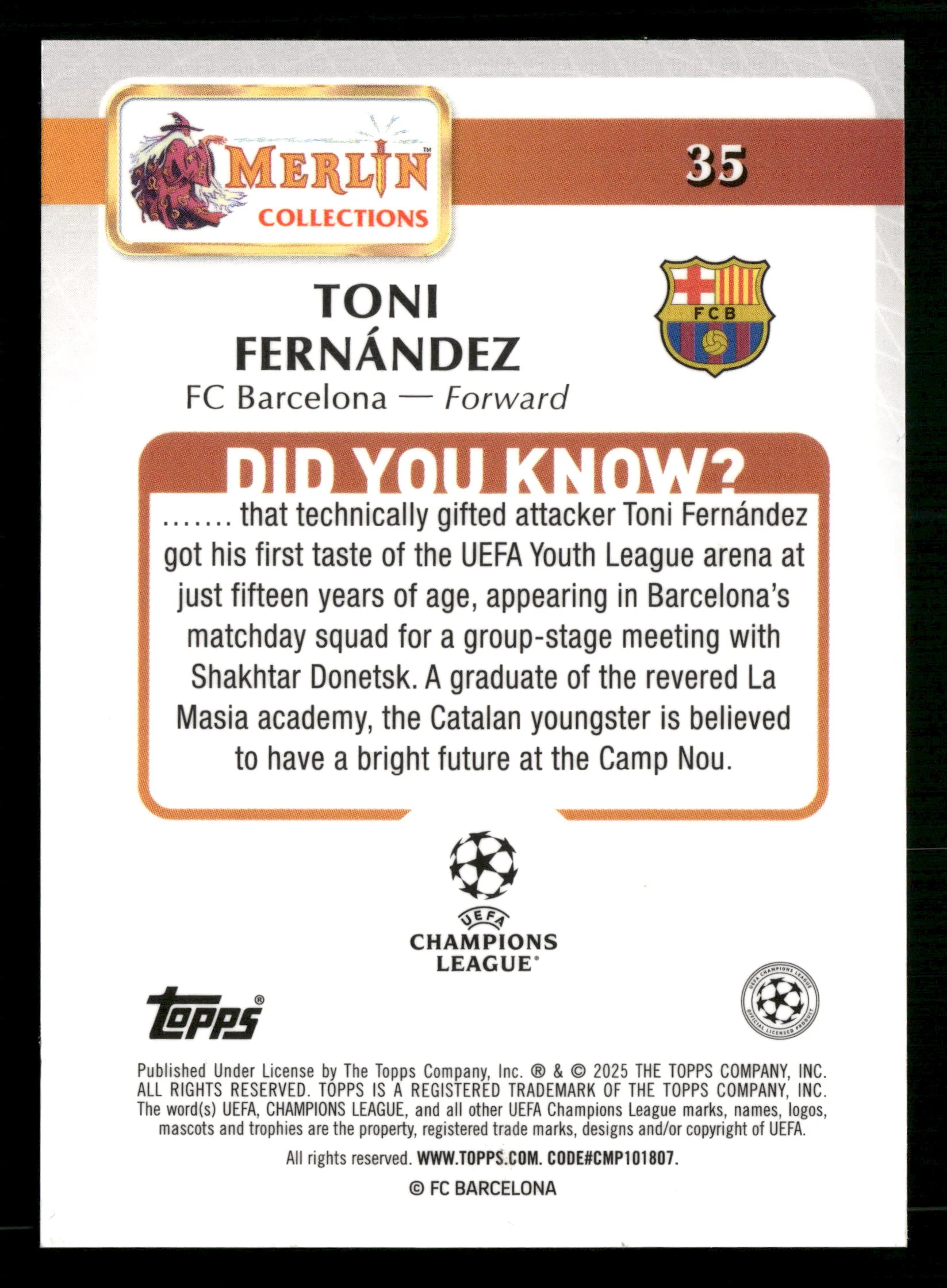 2024-25 Merlin UEFA Club Competitions #35 Toni Fernández Green Variation #/99 - Image 2