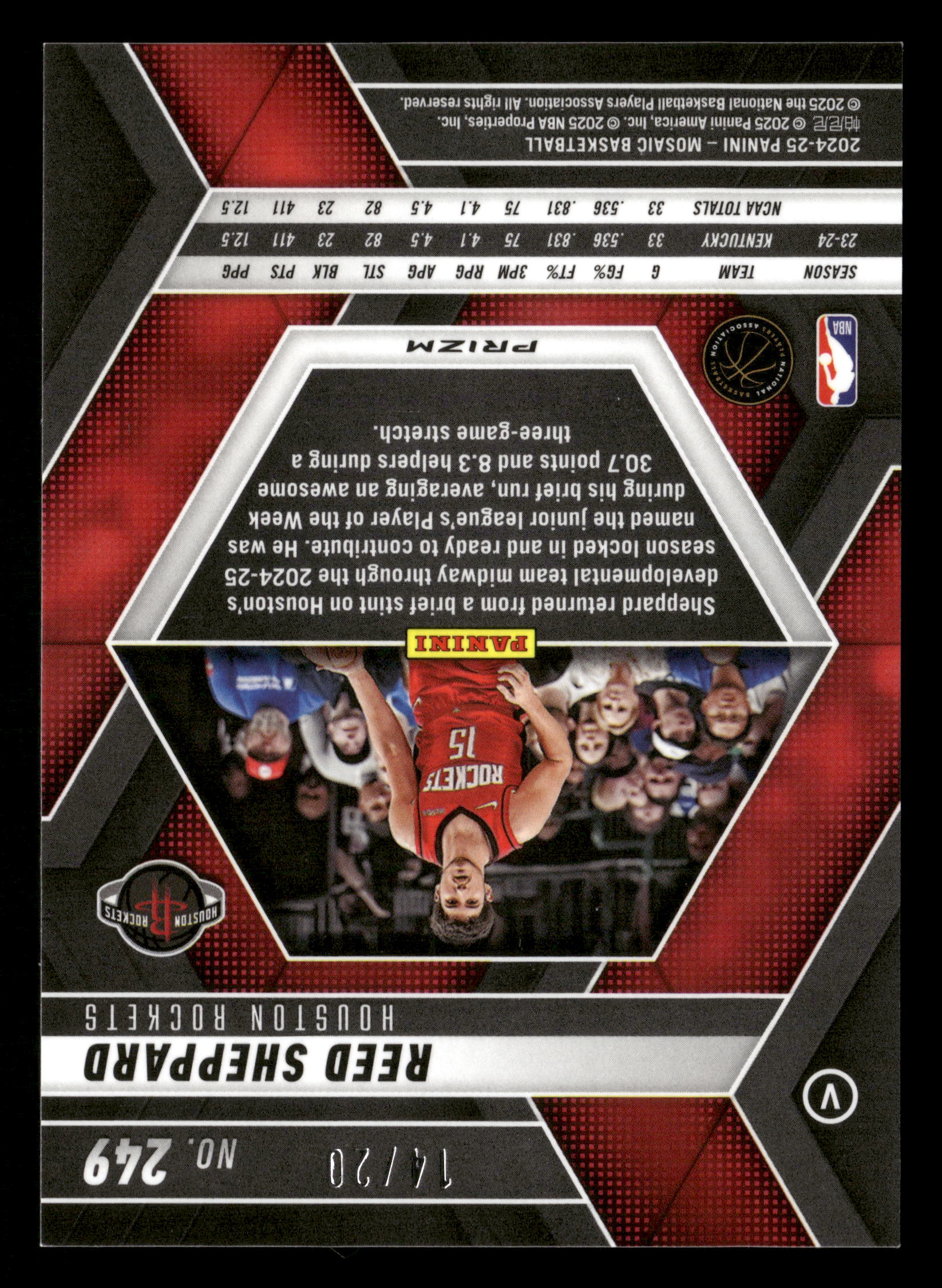 2024-25 Mosaic #249 Reed Sheppard Pink Fast Break 14/20 RC - Image 2