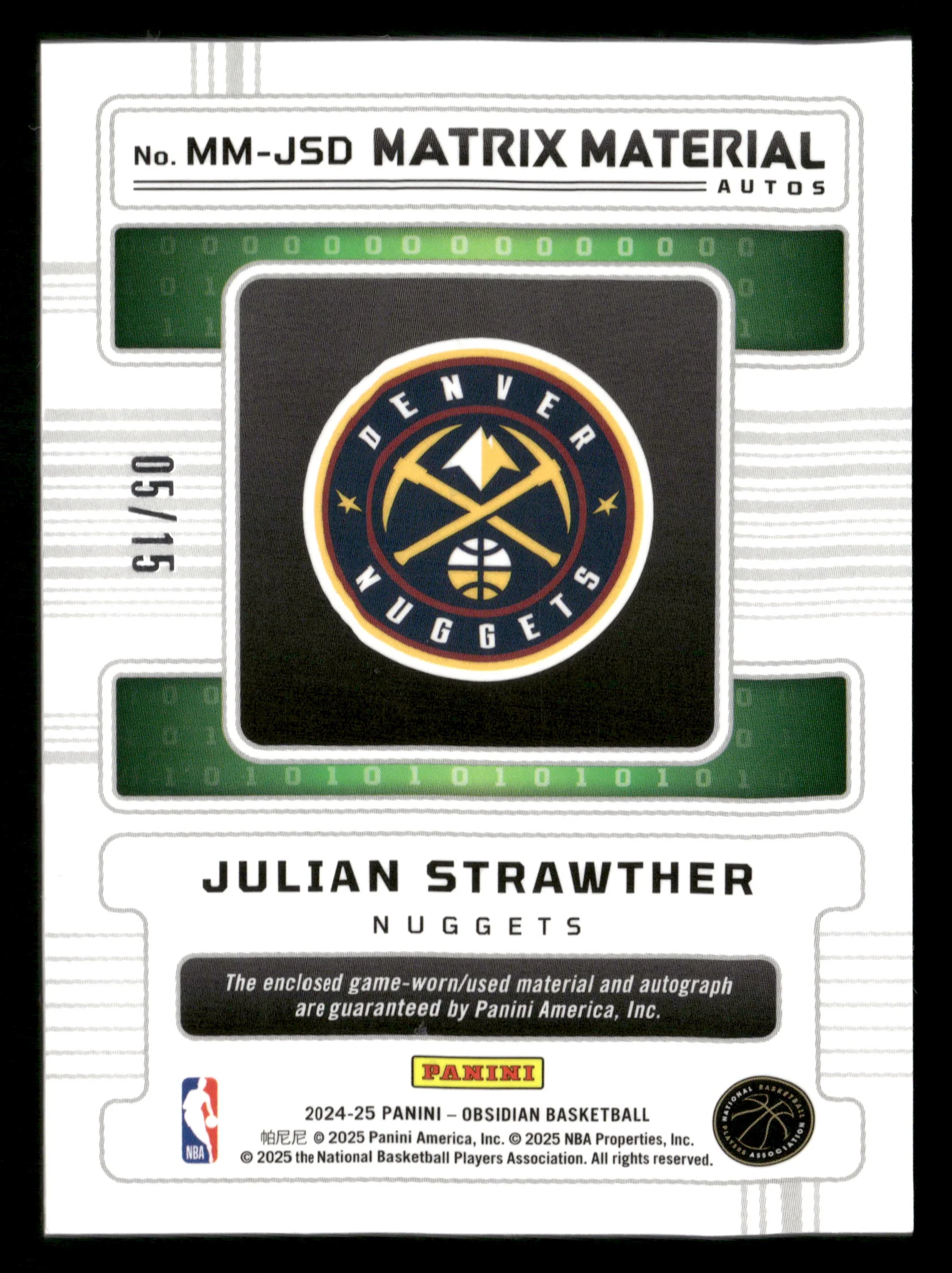 2024-25 Obsidian #MM-JSD Julian Strawther Matrix Material Auto #/15 - Image 2