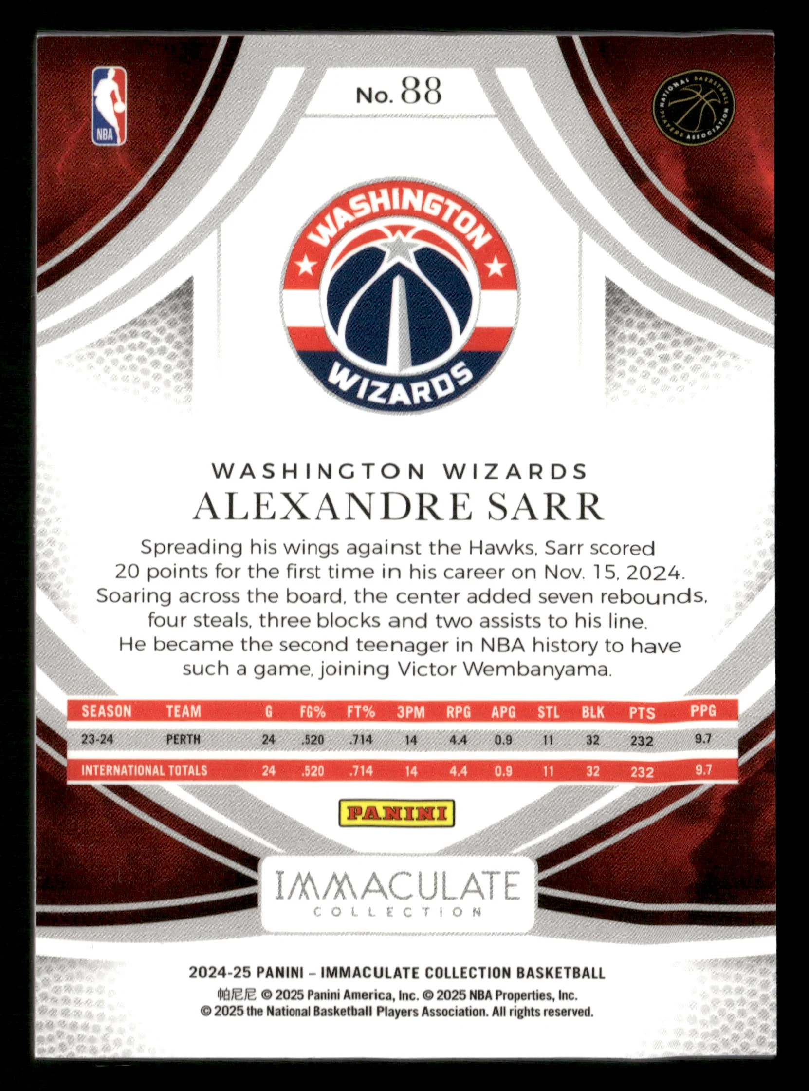 2024-25 Panini Immaculate Collection #88 Alexandre Sarr Red #/49 - Image 2
