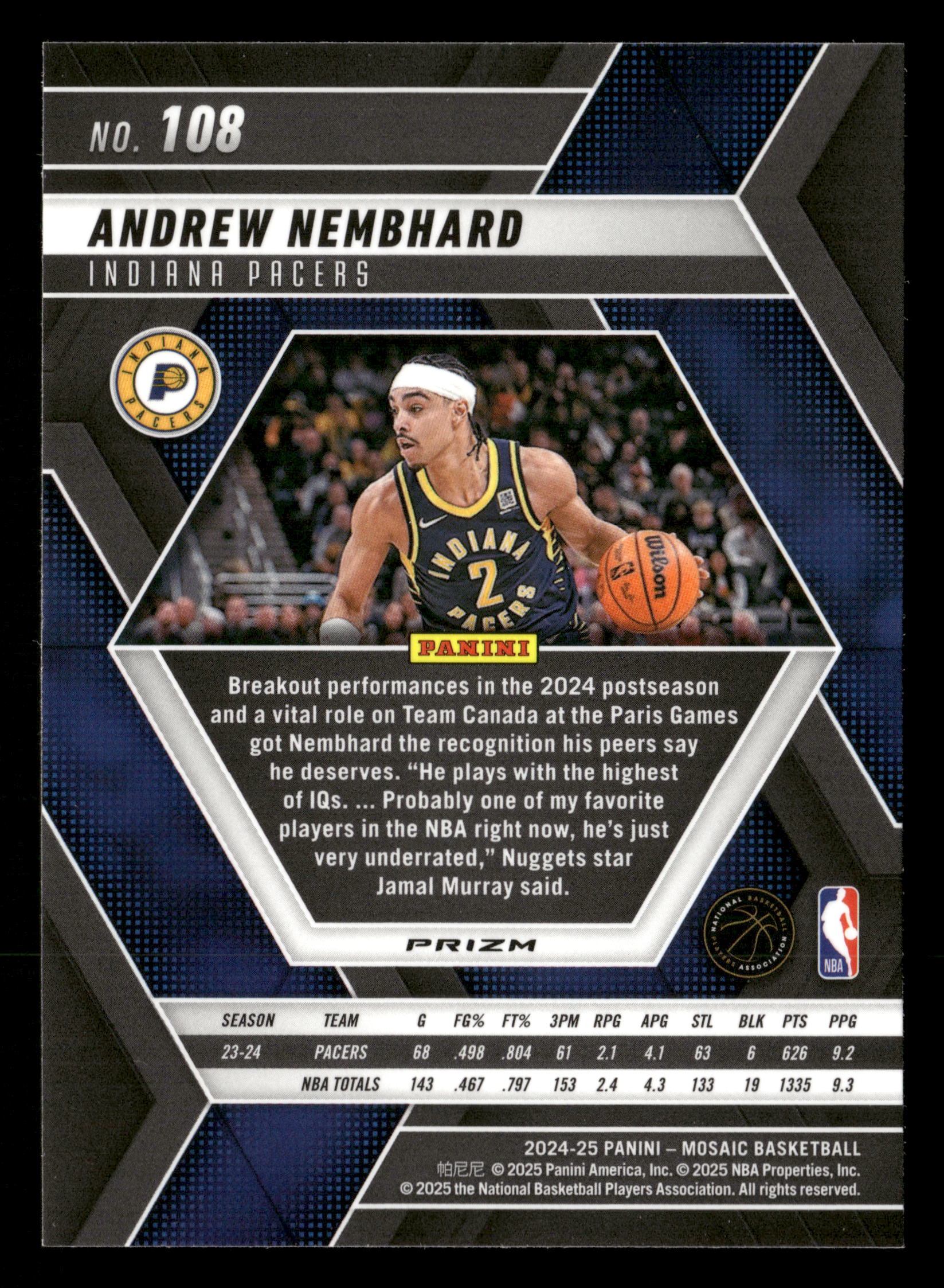 2024-25 Panini Mosaic #108 Andrew Nembhard Honeycomb Mosaic - Image 2