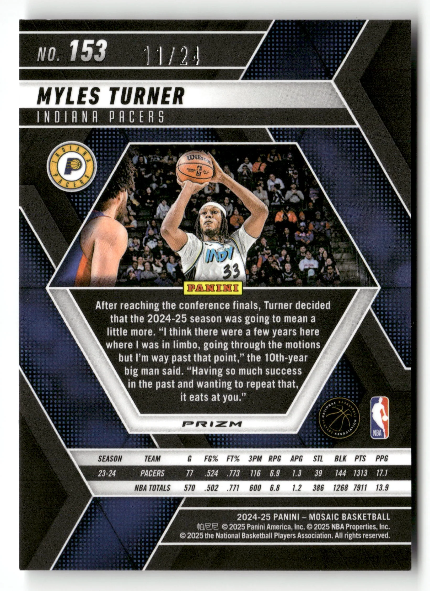 2024-25 Panini Mosaic #153 Myles Turner Purple Snakeskin Mosaic #/24 - Image 2