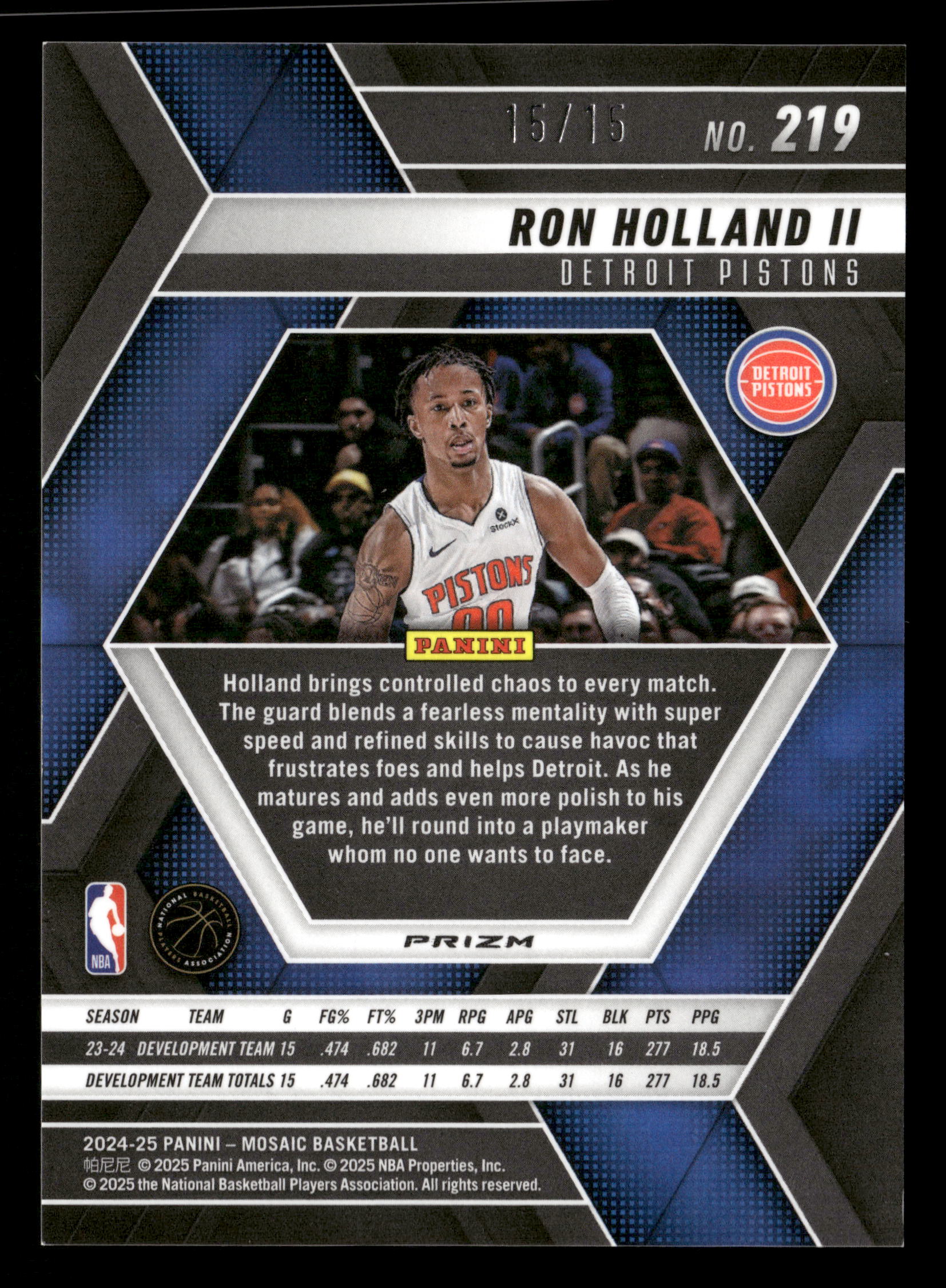 2024-25 Panini Mosaic Basketball No.219 Ron Holland II International Green 15 /15 - Image 2