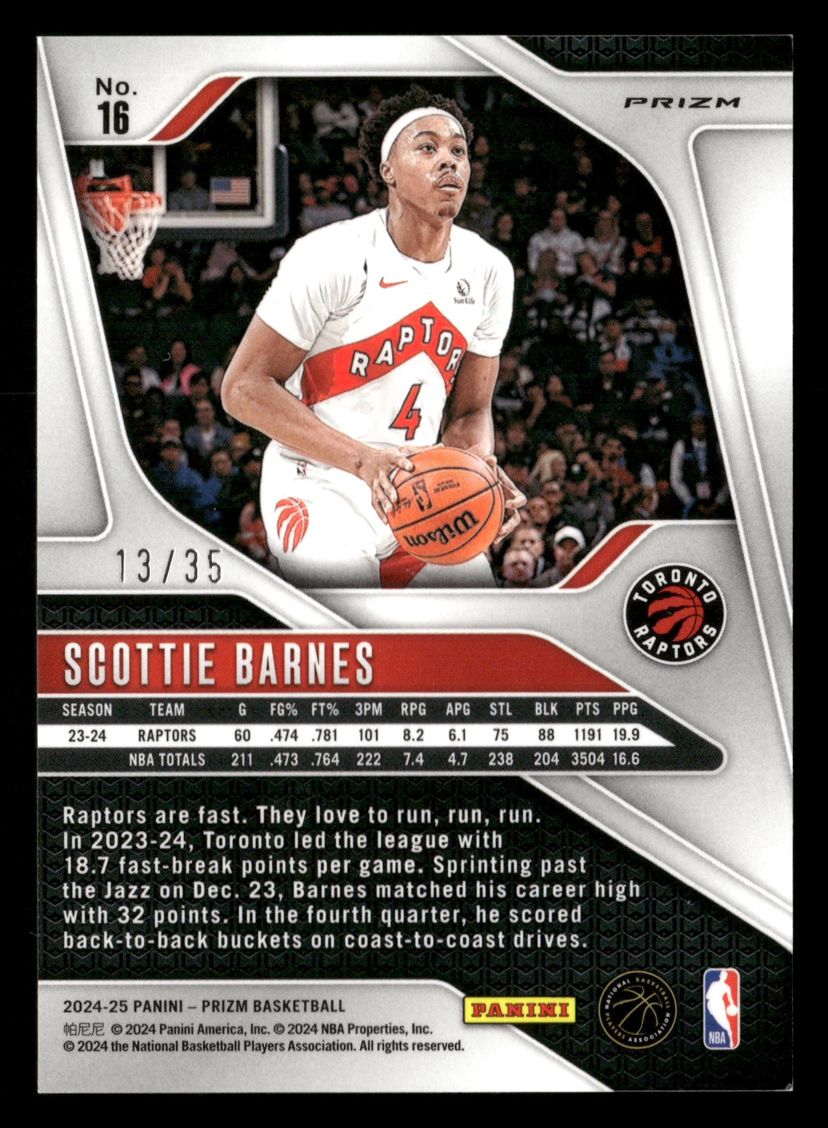 2024-25 Panini Prizm #16 Scottie Barnes Prizms Purple Pulsar #/35 - Image 2