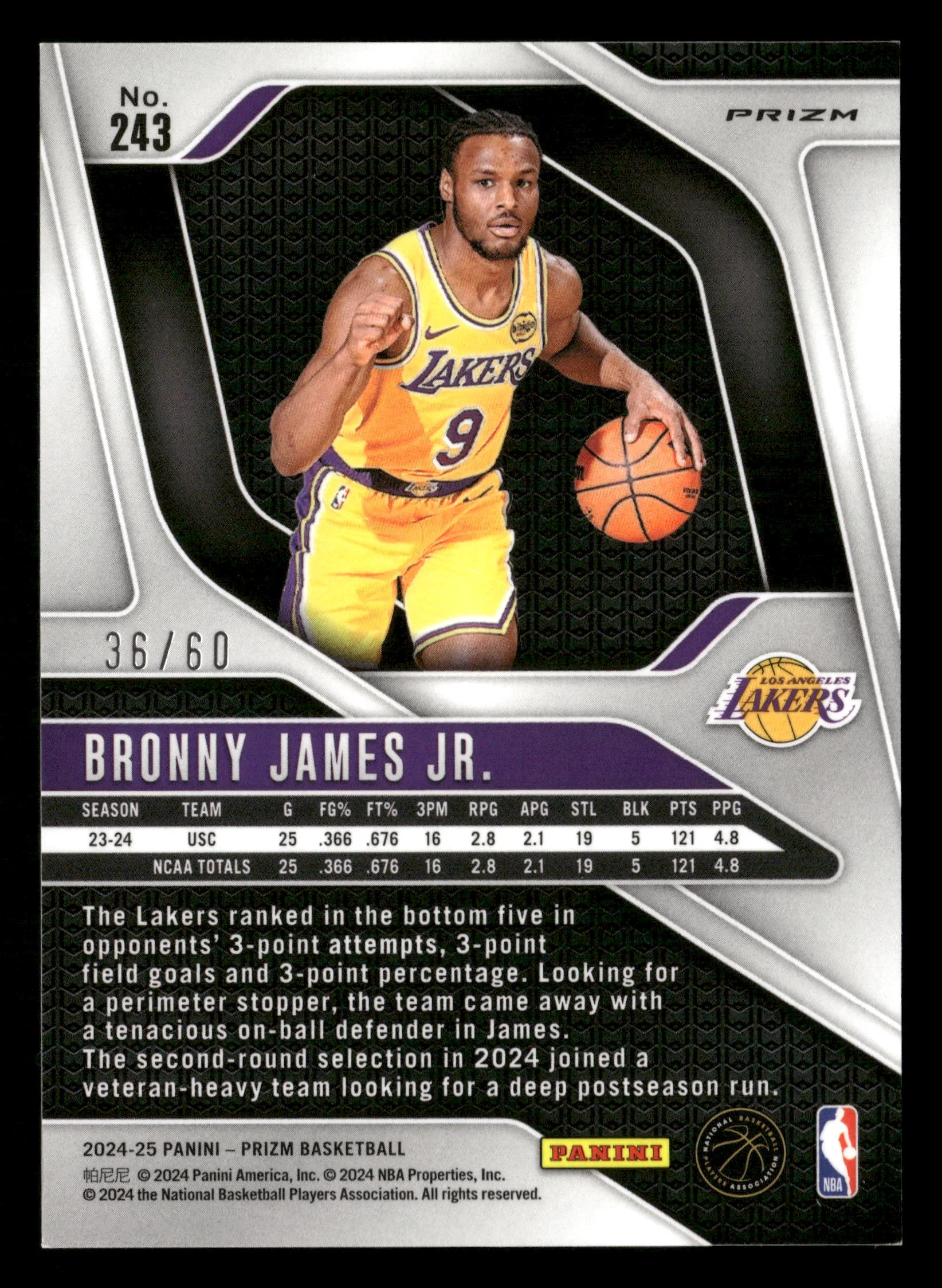 2024-25 Panini Prizm #243 Bronny James Jr. Prizms Wave Orange #/60 - Image 2