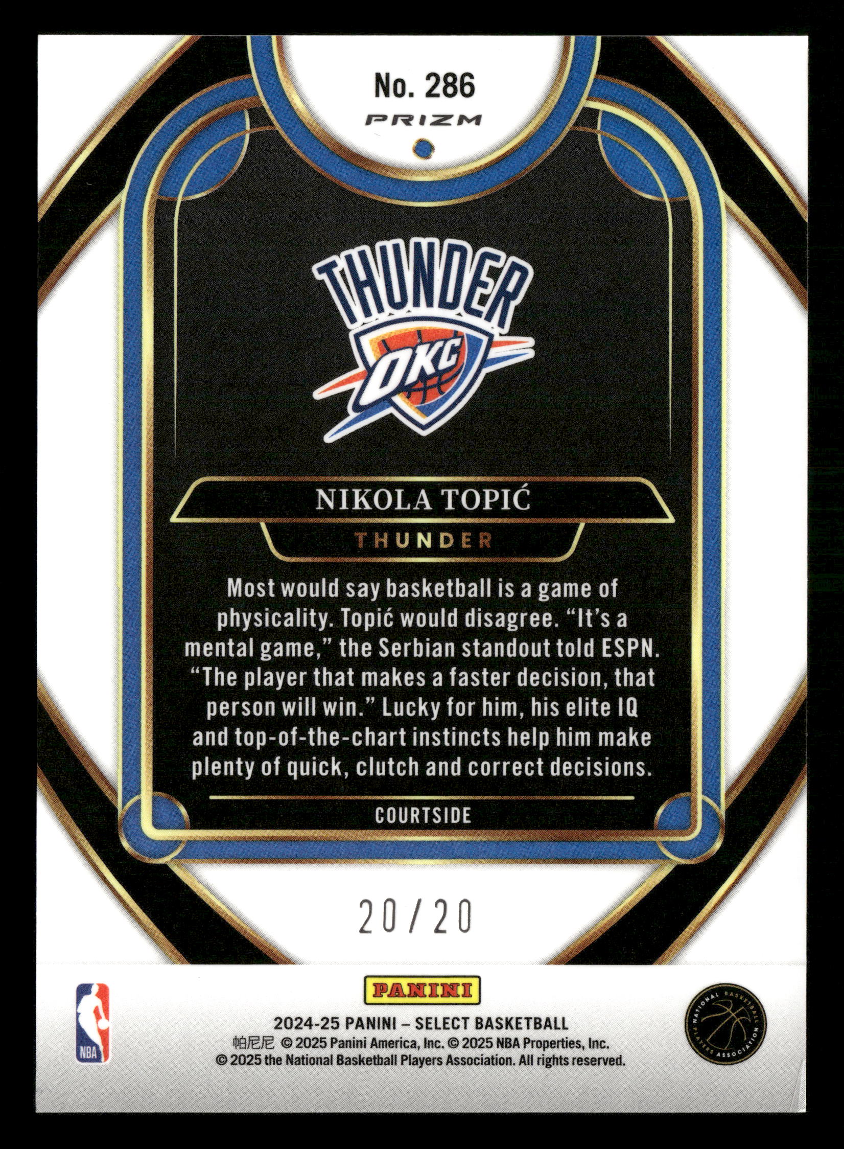 2024-25 Select #286 Courtside Nikola Topic Multi Wave Prizm RC /20 - Image 2