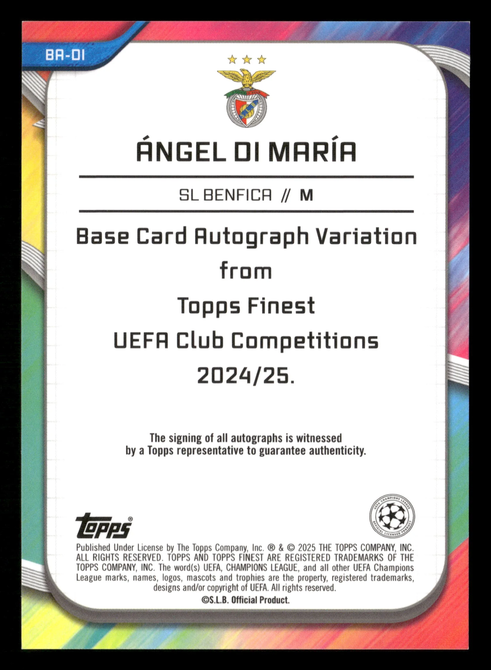 2024-25 Topps Finest UCC BA-DI Angel Di Maria /10 Autograph True Black - Image 2