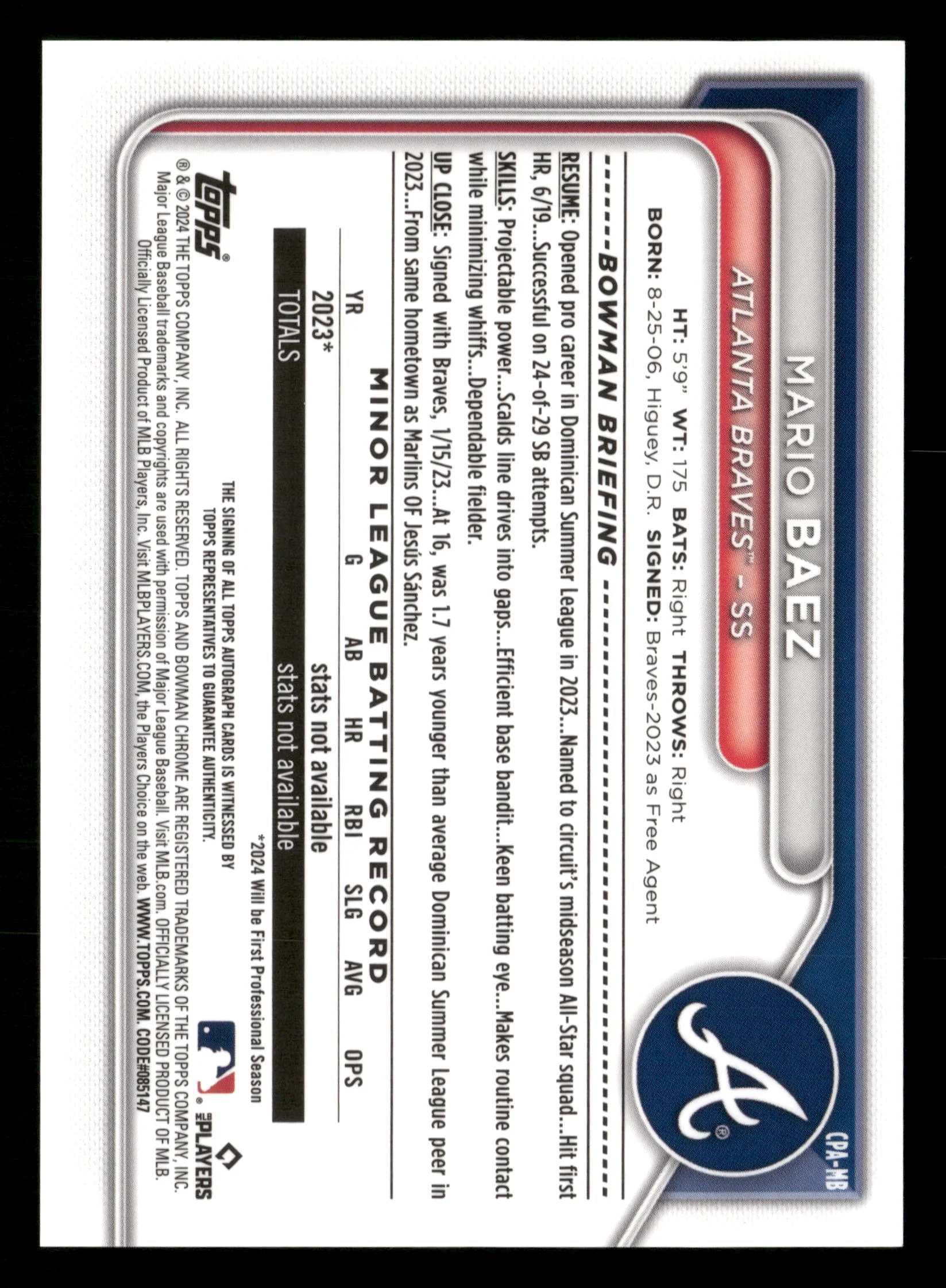 2024 Bowman Chrome #CPA-MB Mario Baez Prospect Auto Green Lava #/99 - Image 2