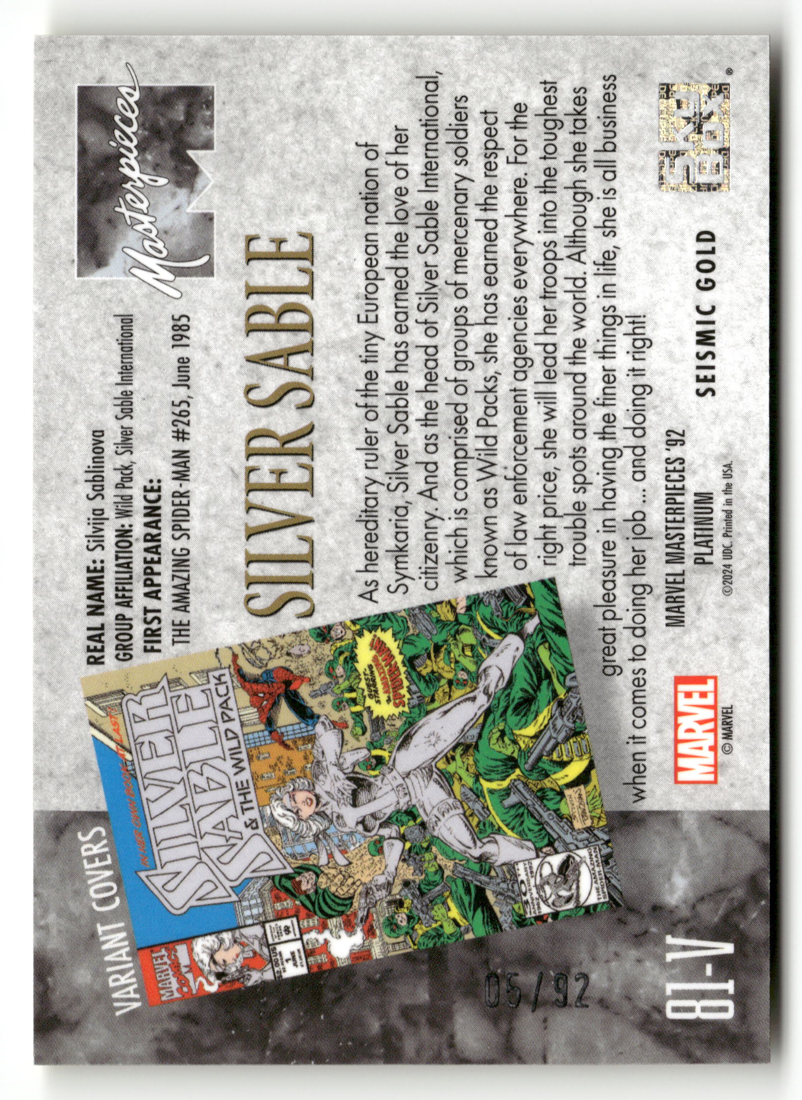 2024 Marvel Masterpieces '92 Platinum #81-V Silver Sable VC Seismic Gold /92 - Image 2