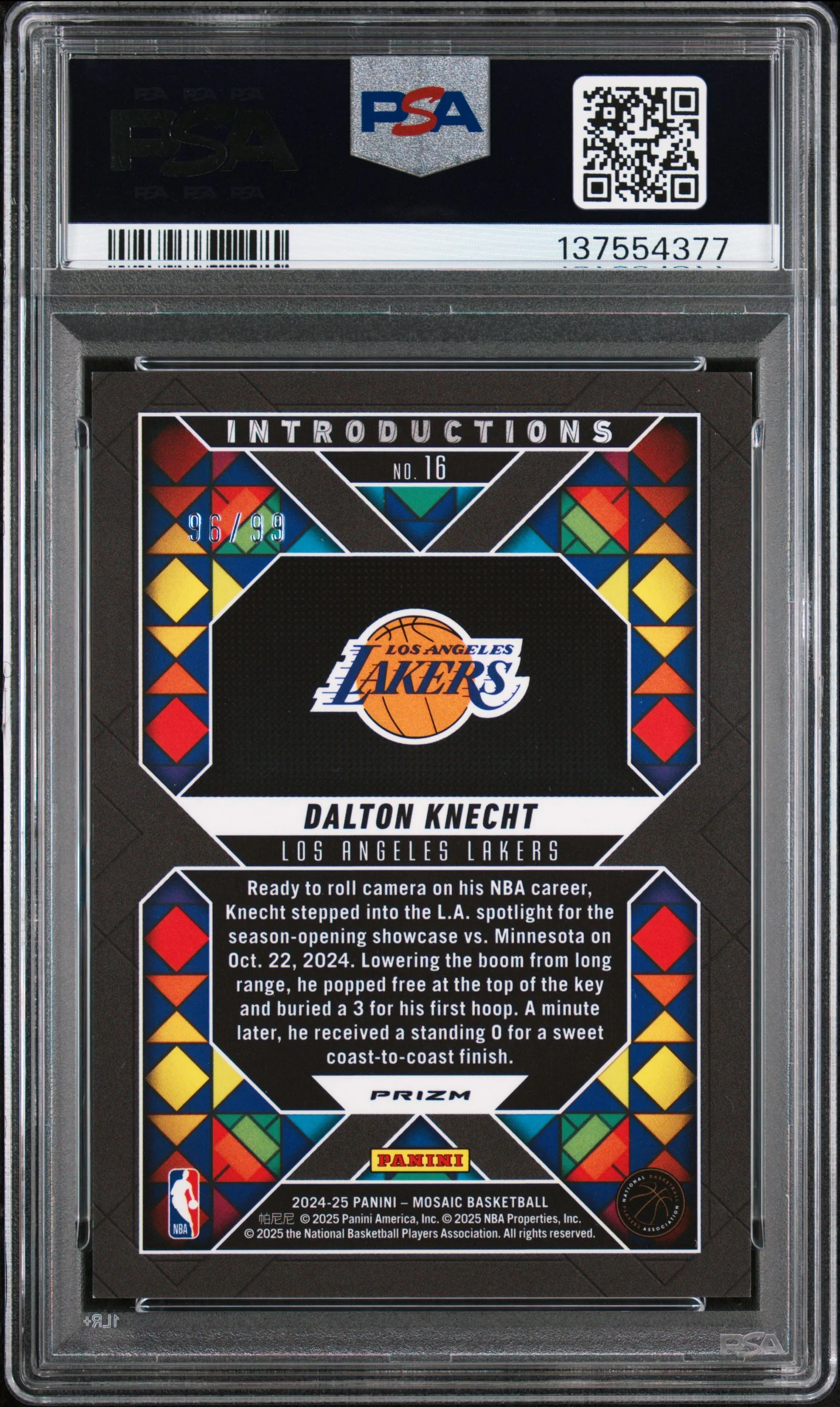 2024 Panini Mosaic  #16 Dalton Knecht Introductions-Purple /99 PSA 9 - Image 2