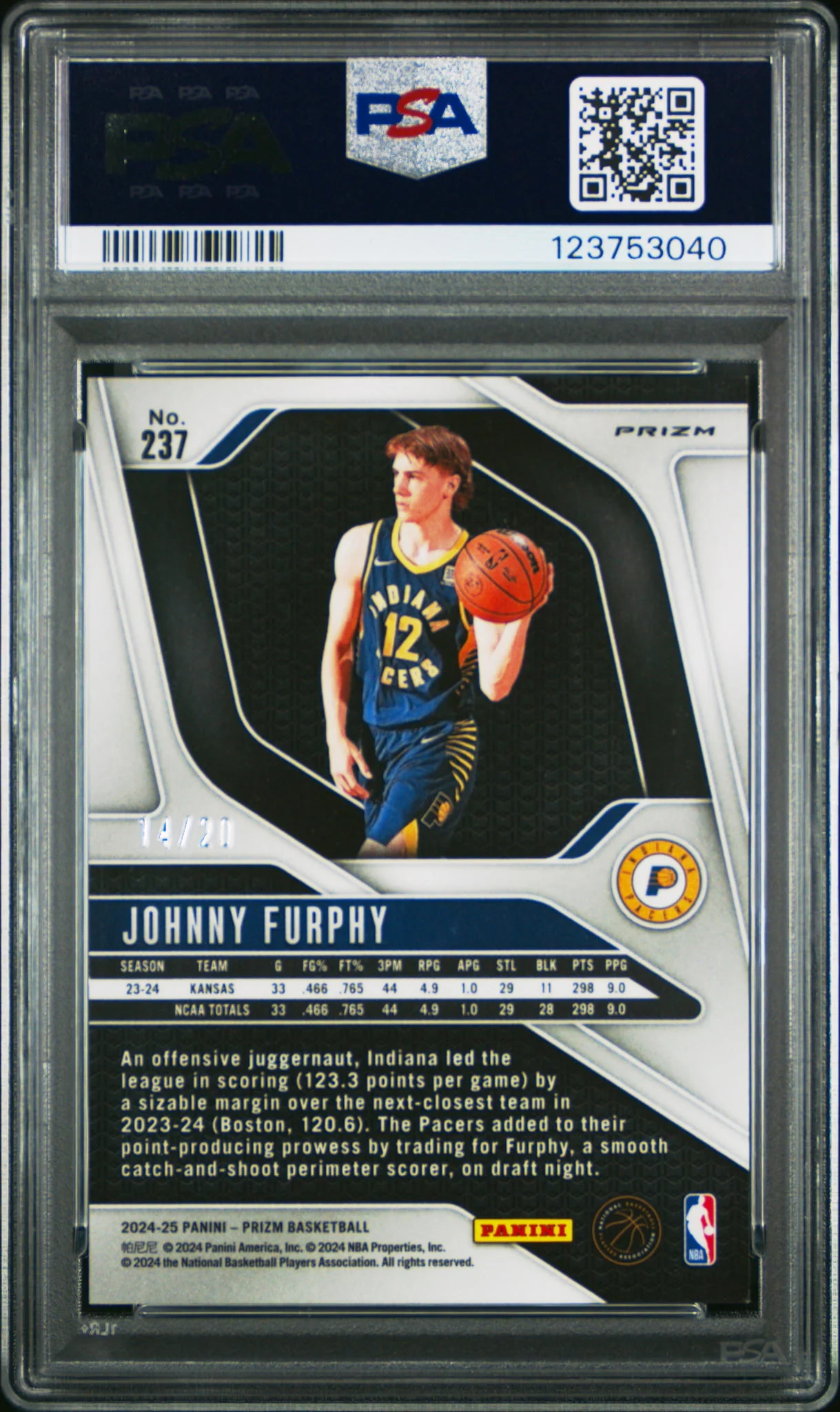 2024 Prizm Basketball Cherry Blossom Choice #237 Johnny Furphy /20 PSA 9 - Image 2