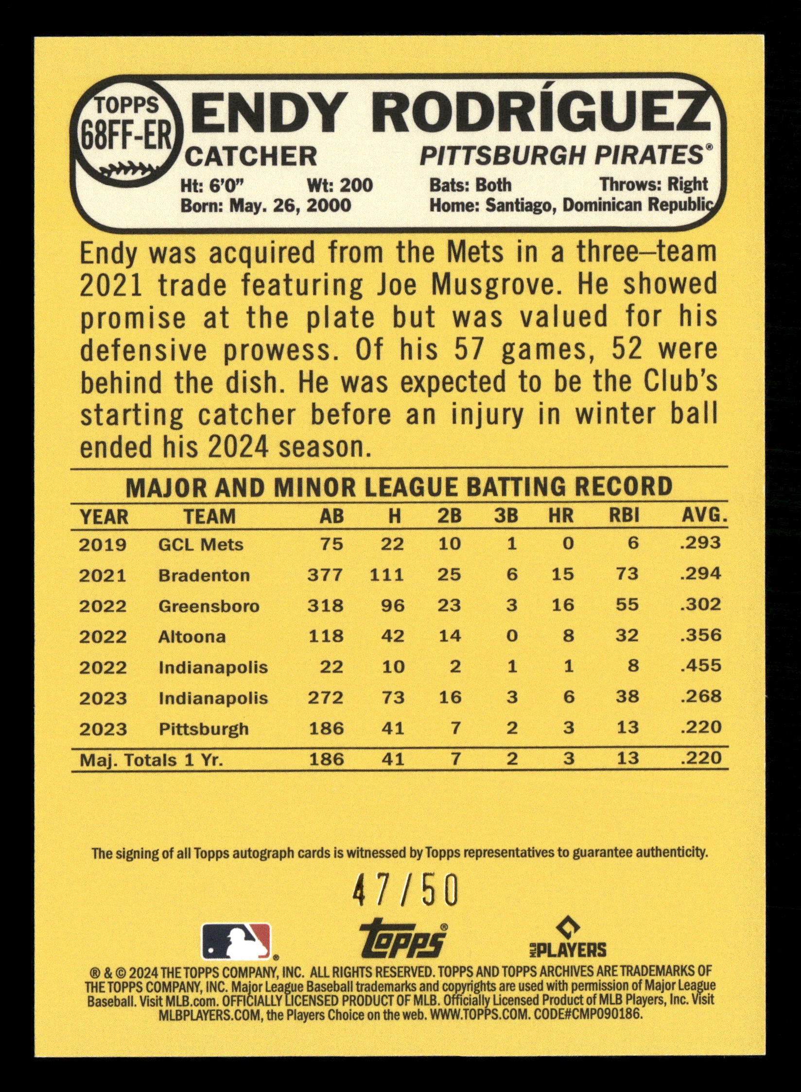 2024 Topps Archives Endy Rodriguez RC Auto Gold 47/50 SP - Image 2