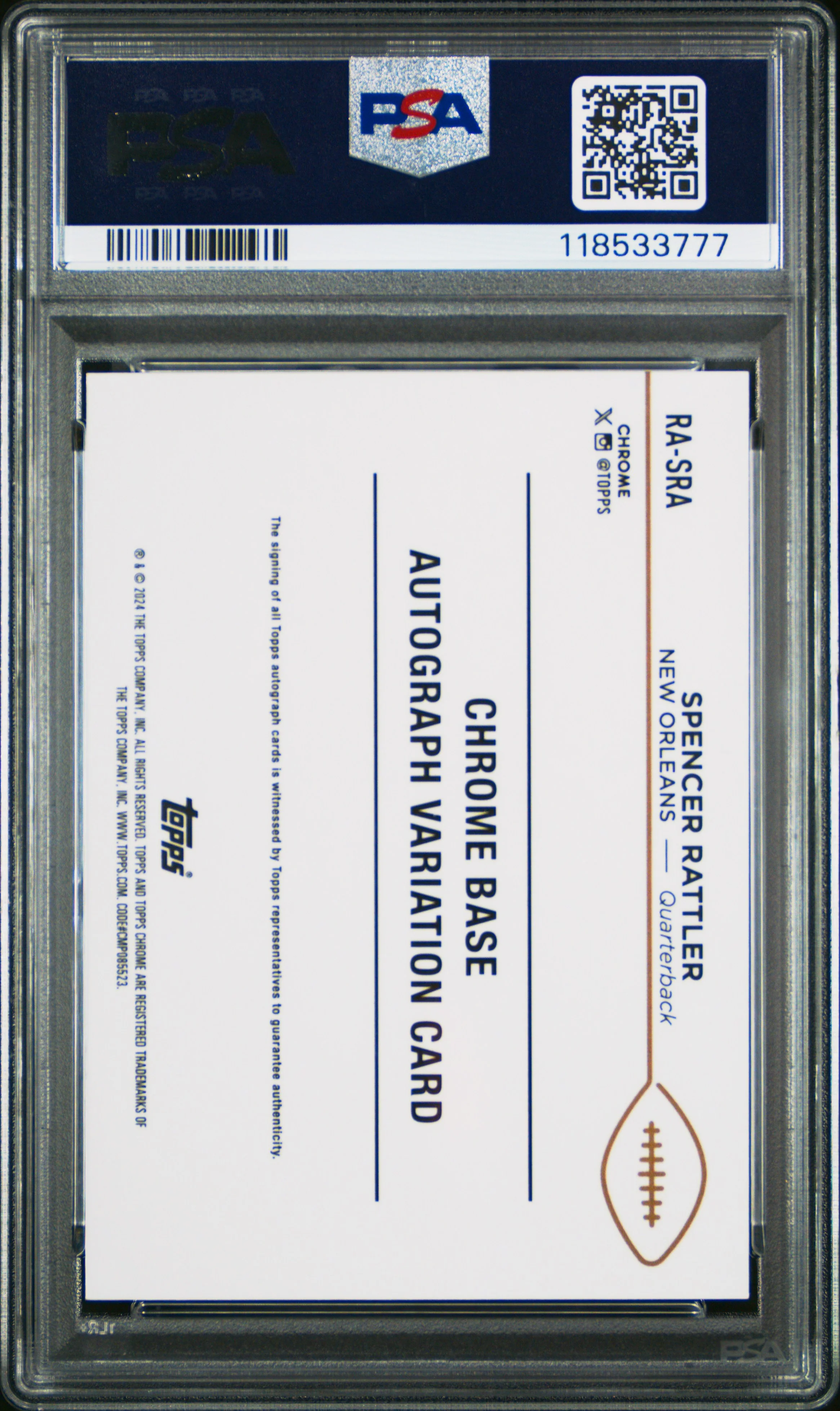 2024 Topps Chrome Rookie Autographs Variations #RASRA Spencer Rattler PSA 10 - Image 2