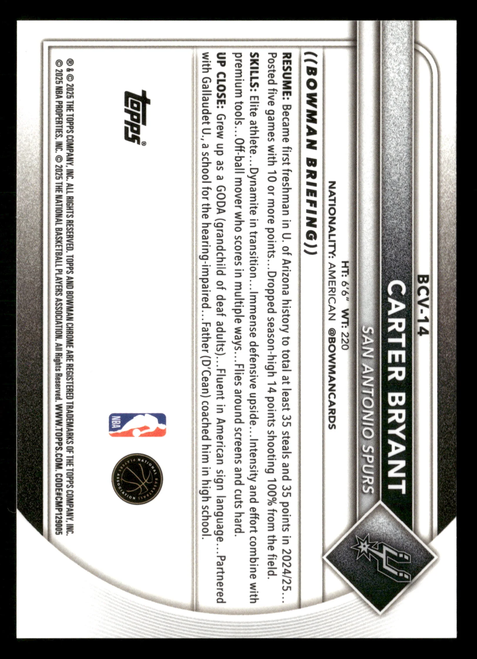 2025-26 Bowman #14 Carter Bryant Gold Refactor /50 - Image 2