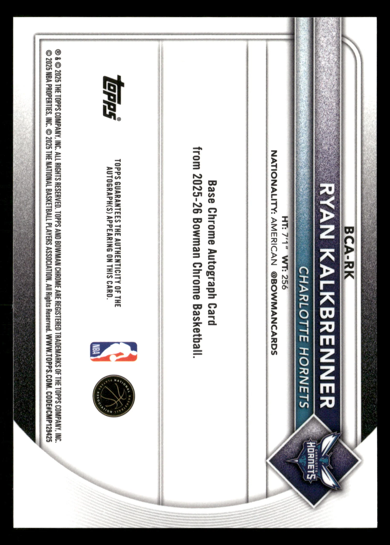 2025-26 Bowman #BCA-RK Ryan Kalkbrenner Chrome Autographs Orange Refractor #/25 - Image 2
