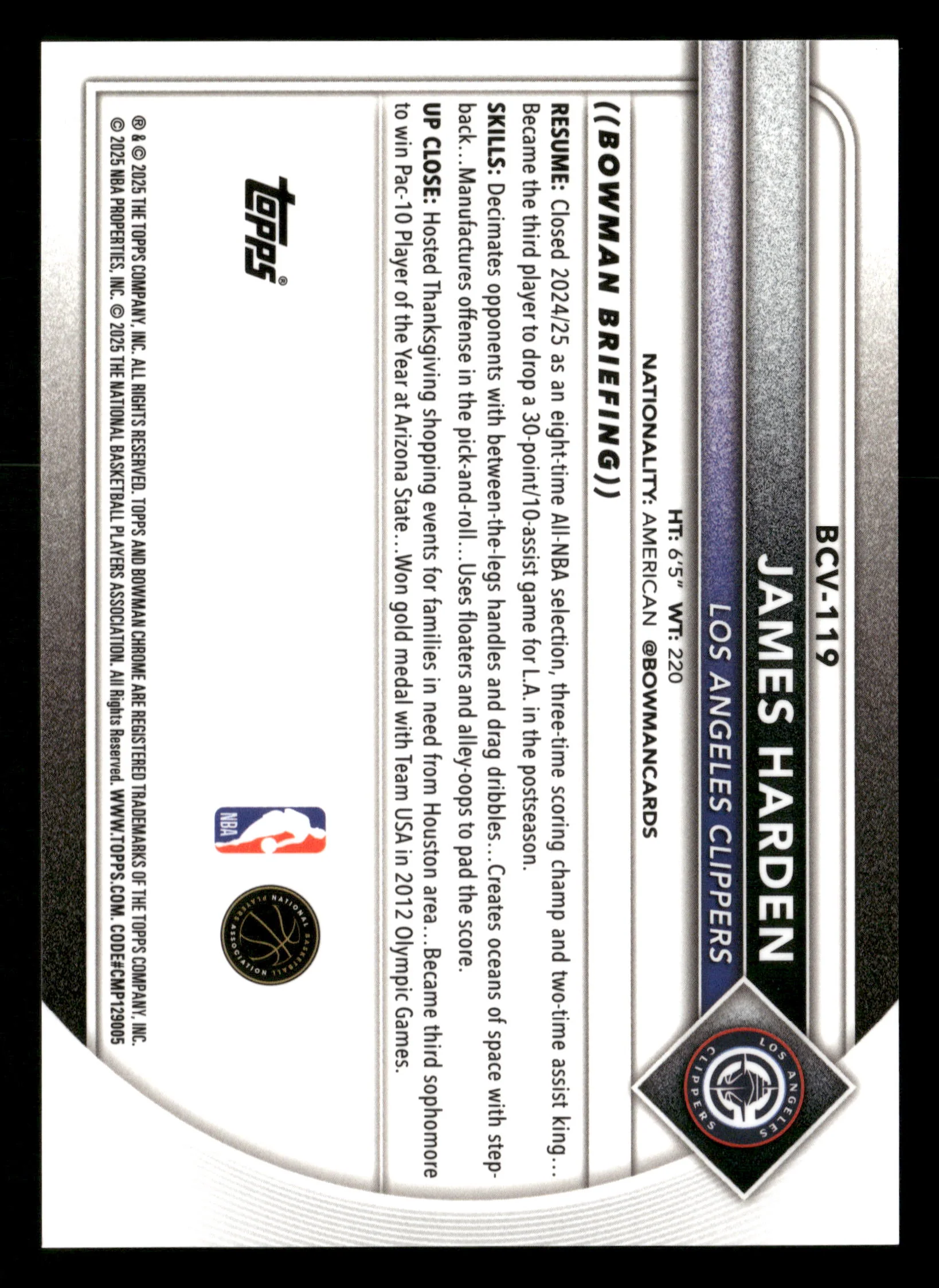 2025-26 Bowman #BCV-119 James Harden Chrome Rose Gold Refractors #/15 - Image 2
