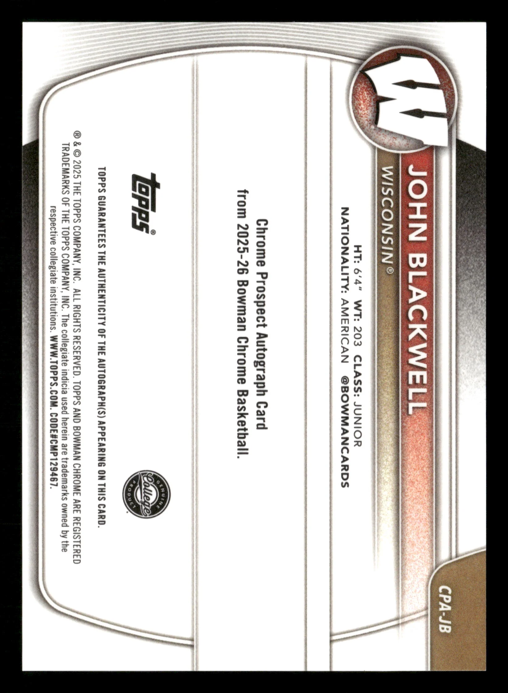 2025-26 Bowman #CPA-JB John Blackwell Prospect Auto (1st Bowman) Blue #/150 - Image 2