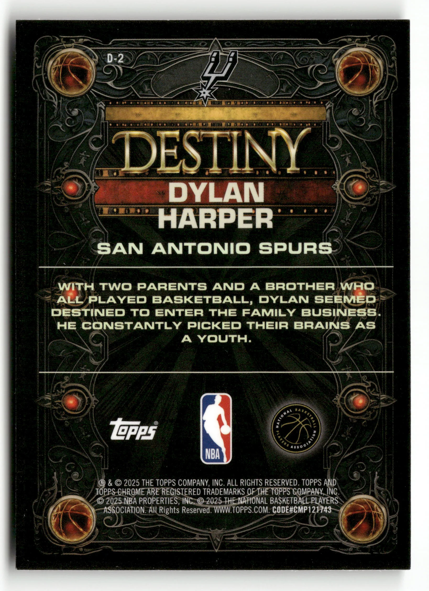 2025-26 Chrome #D-2 Destiny Blue Refractor Dylan Harper RC /150 - Image 2