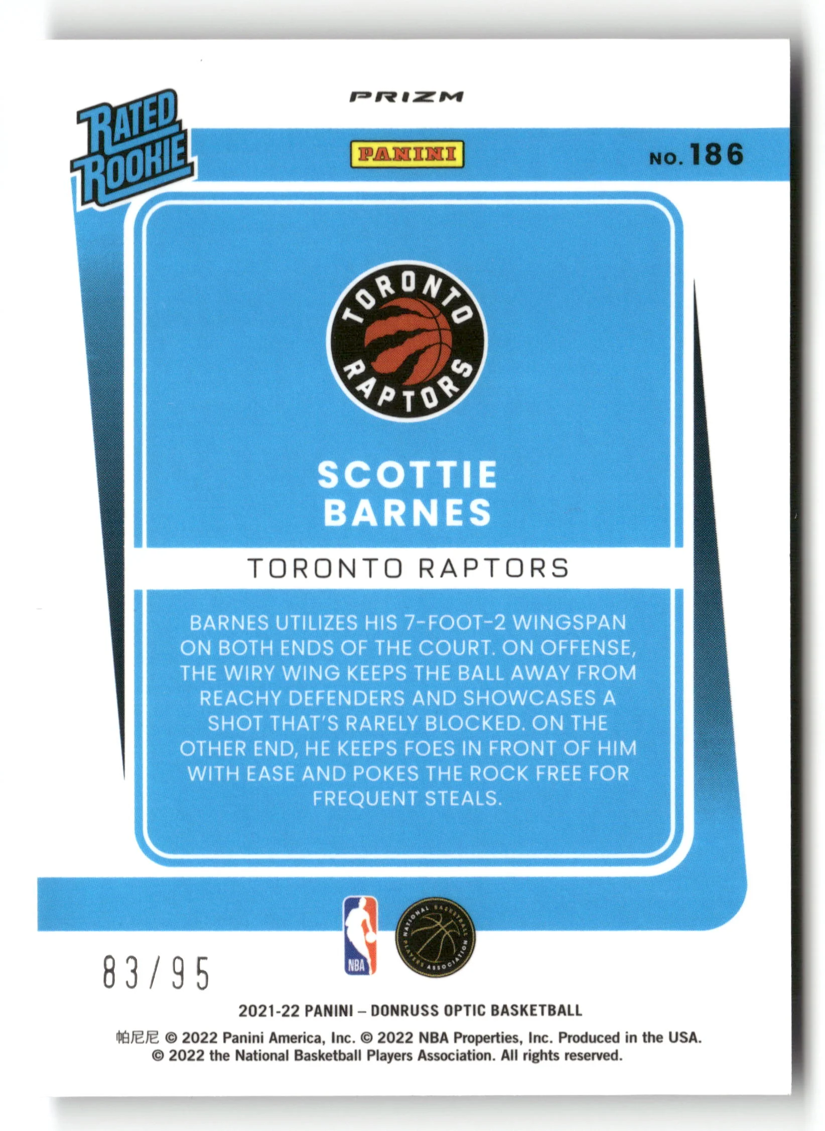 2025/26 Donruss Optic No.186 Scottie Barnes Purple Disco Rated Rookie /95 - Image 2