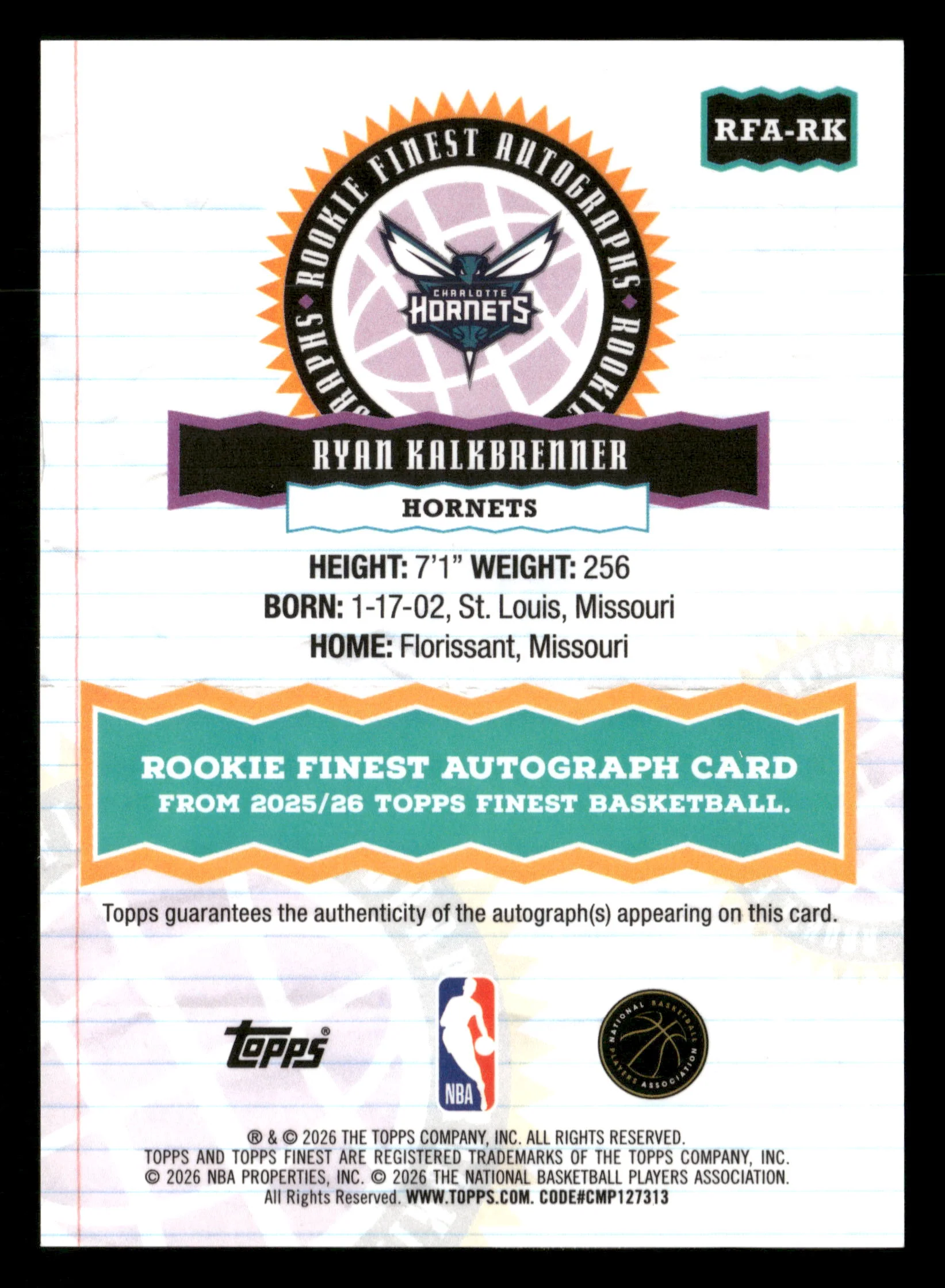 2025-26 Finest #RFA-RK Ryan Kalkbrenner Rookies Autograph Blue X-Fractor #/99 - Image 2