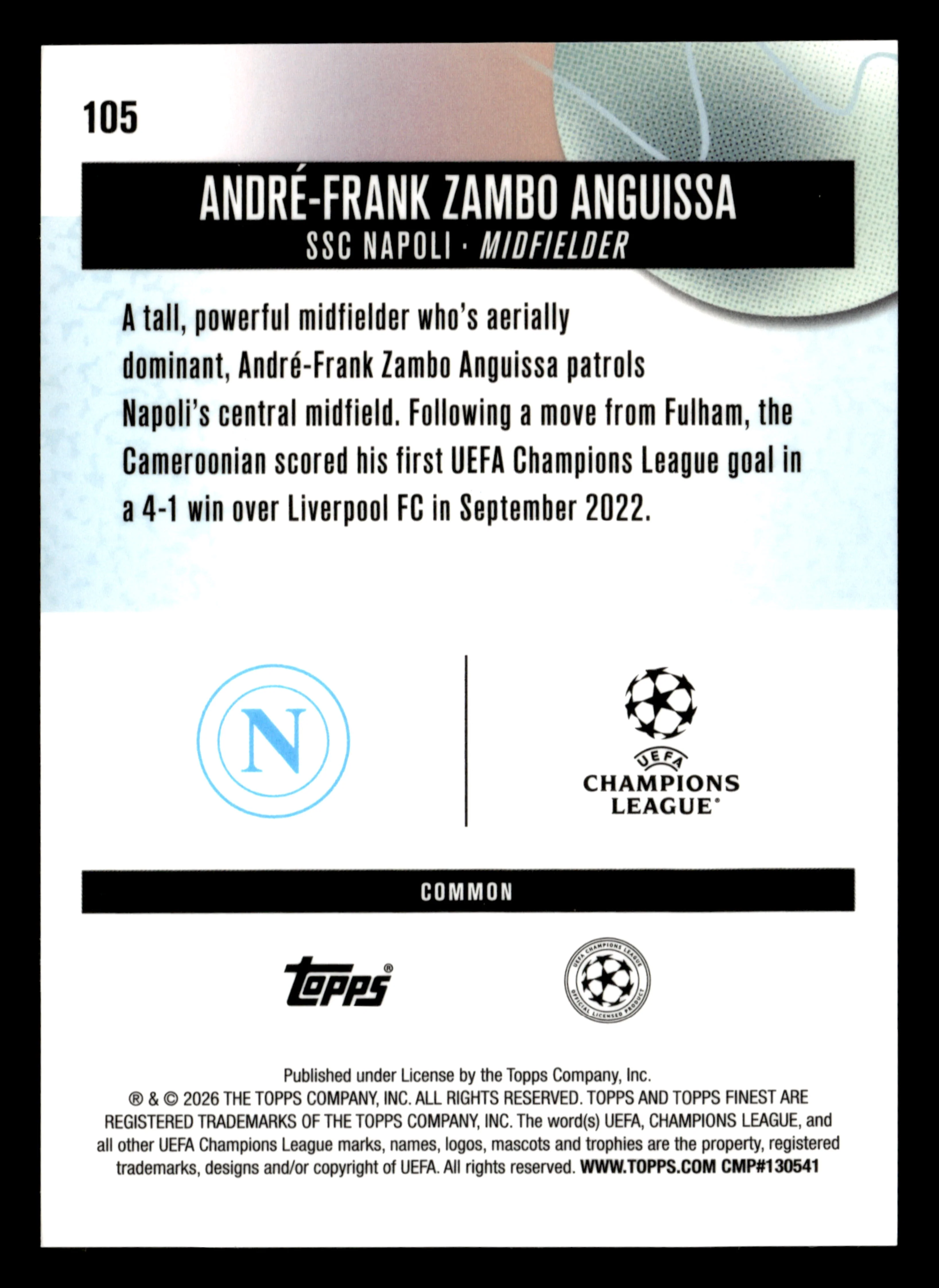 2025-26 Finest UCC #105 André-Frank Zambo Anguissa Purple Checkerboard #/150 - Image 2