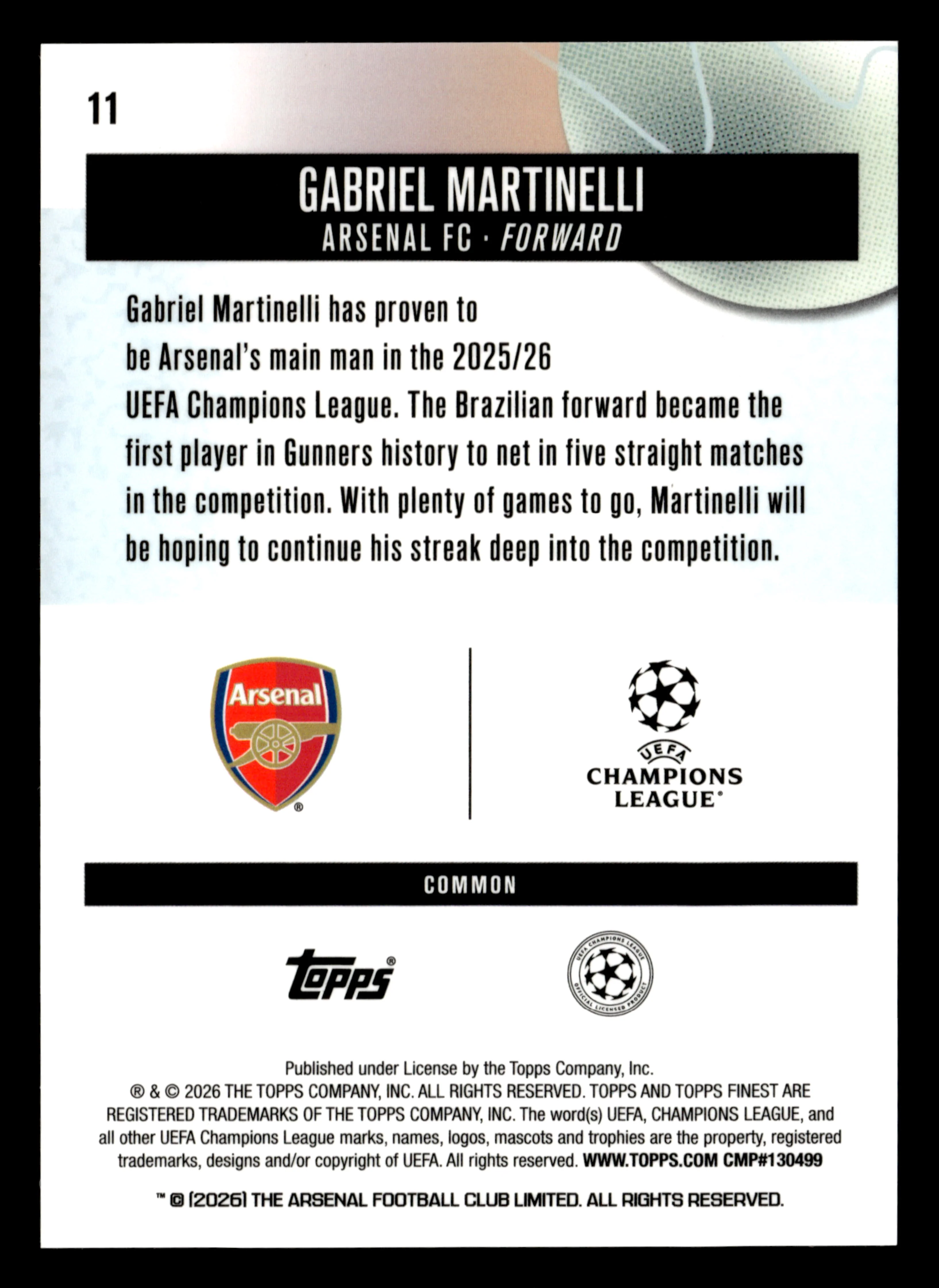 2025-26 Finest UCC #11 Gabriel Martinelli Blue Refractor #/200 - Image 2