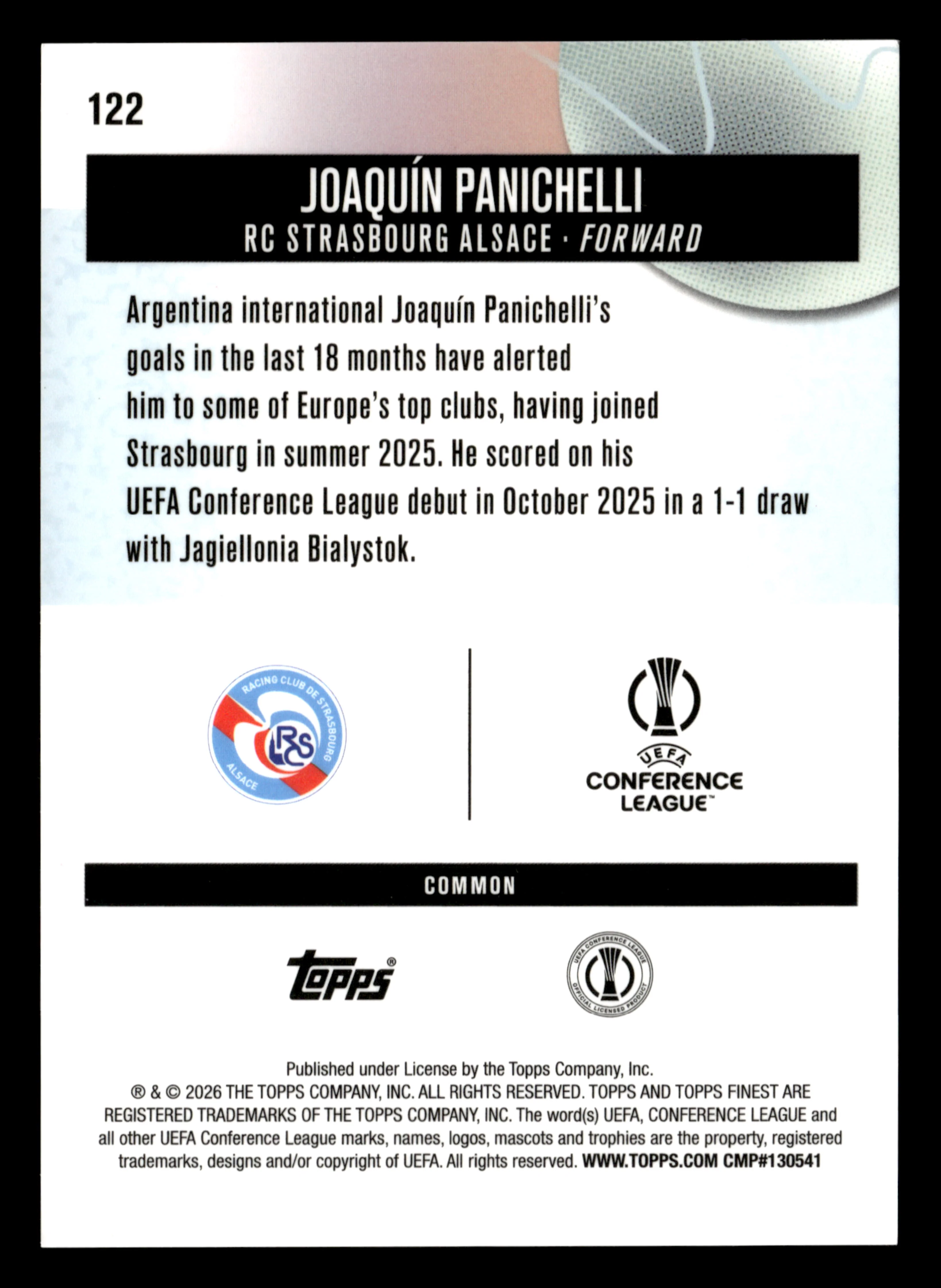 2025-26 Finest UCC #122 Joaquín Panichelli Blue Refractor #/200 - Image 2