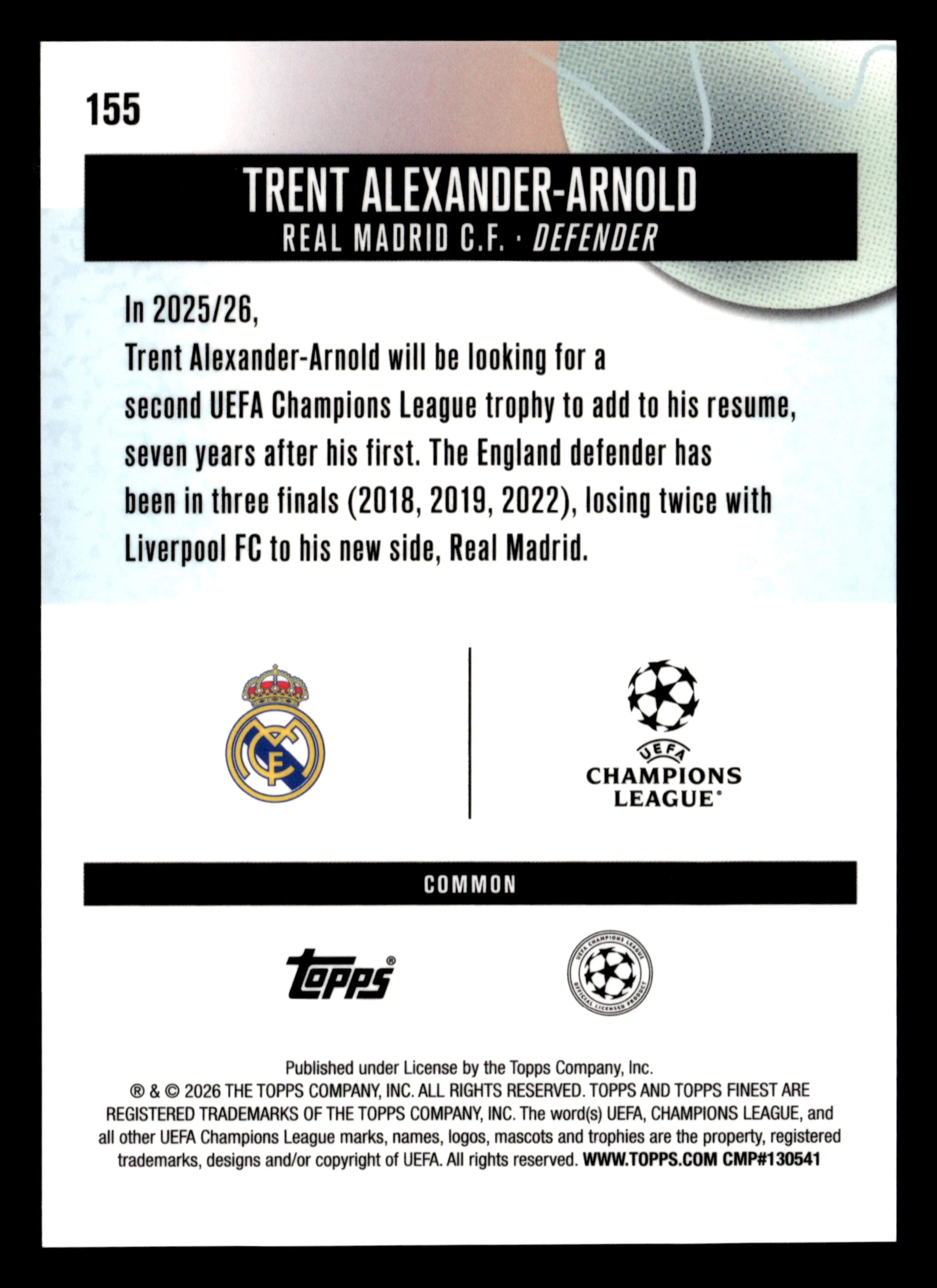 2025-26 Finest UCC #155 Trent Alexander-Arnold Blue Refractor #/200 - Image 2