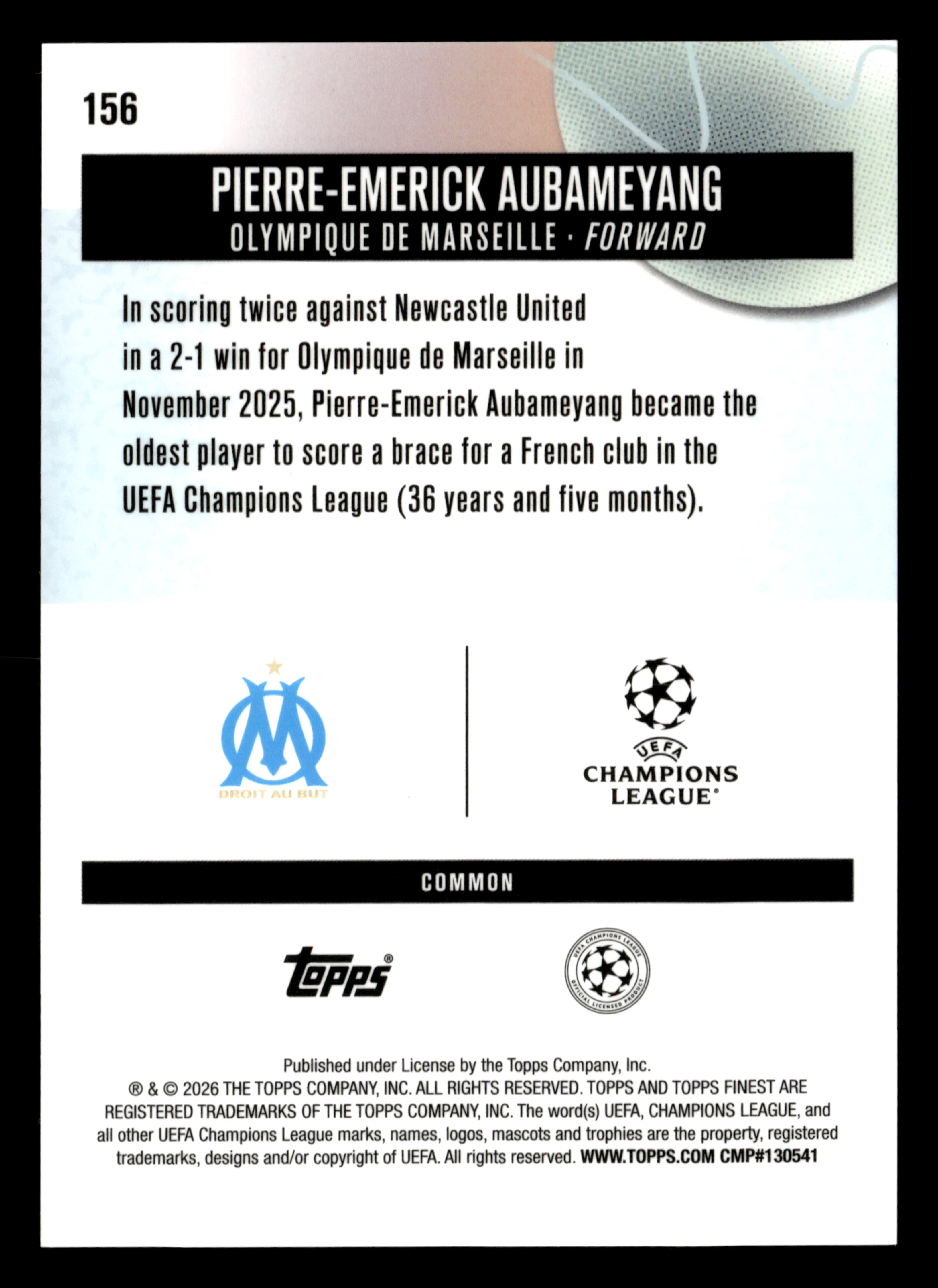 2025-26 Finest UCC #156 Pierre-Emerick Aubameyang Blue Refractor #/200 - Image 2