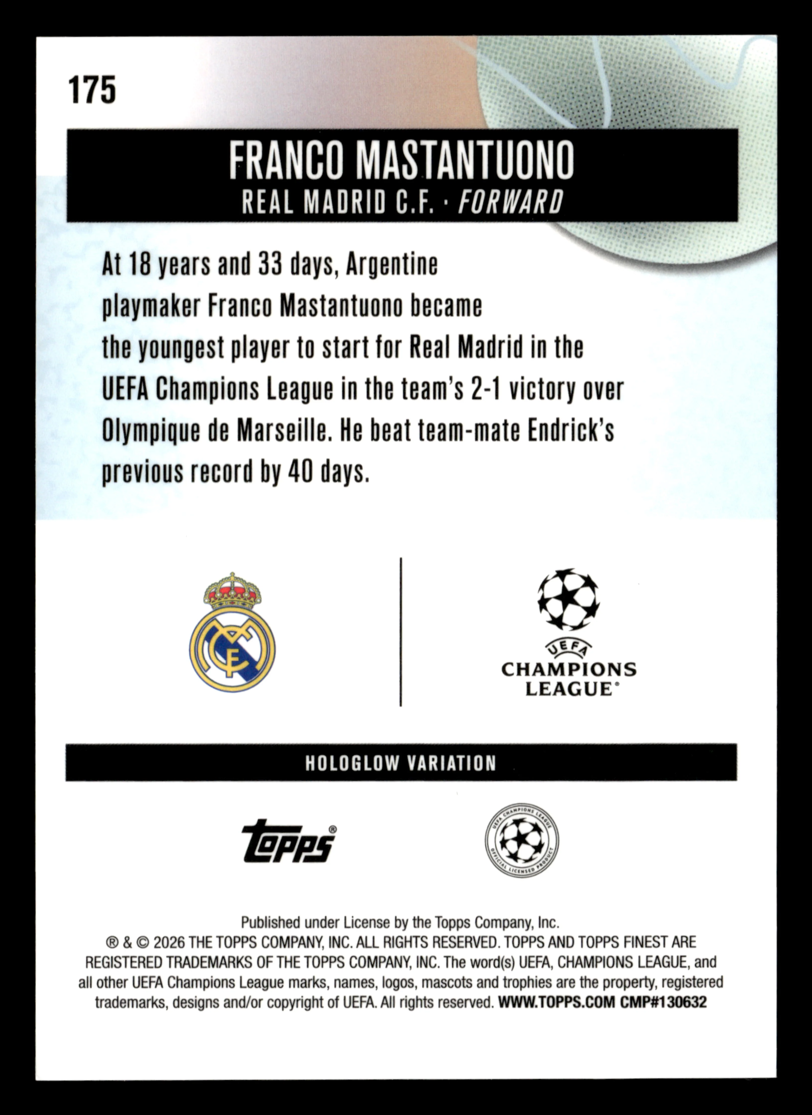 2025-26 Finest UCC #175 Franco Mastantuono Base Hologlow Variations - Image 2