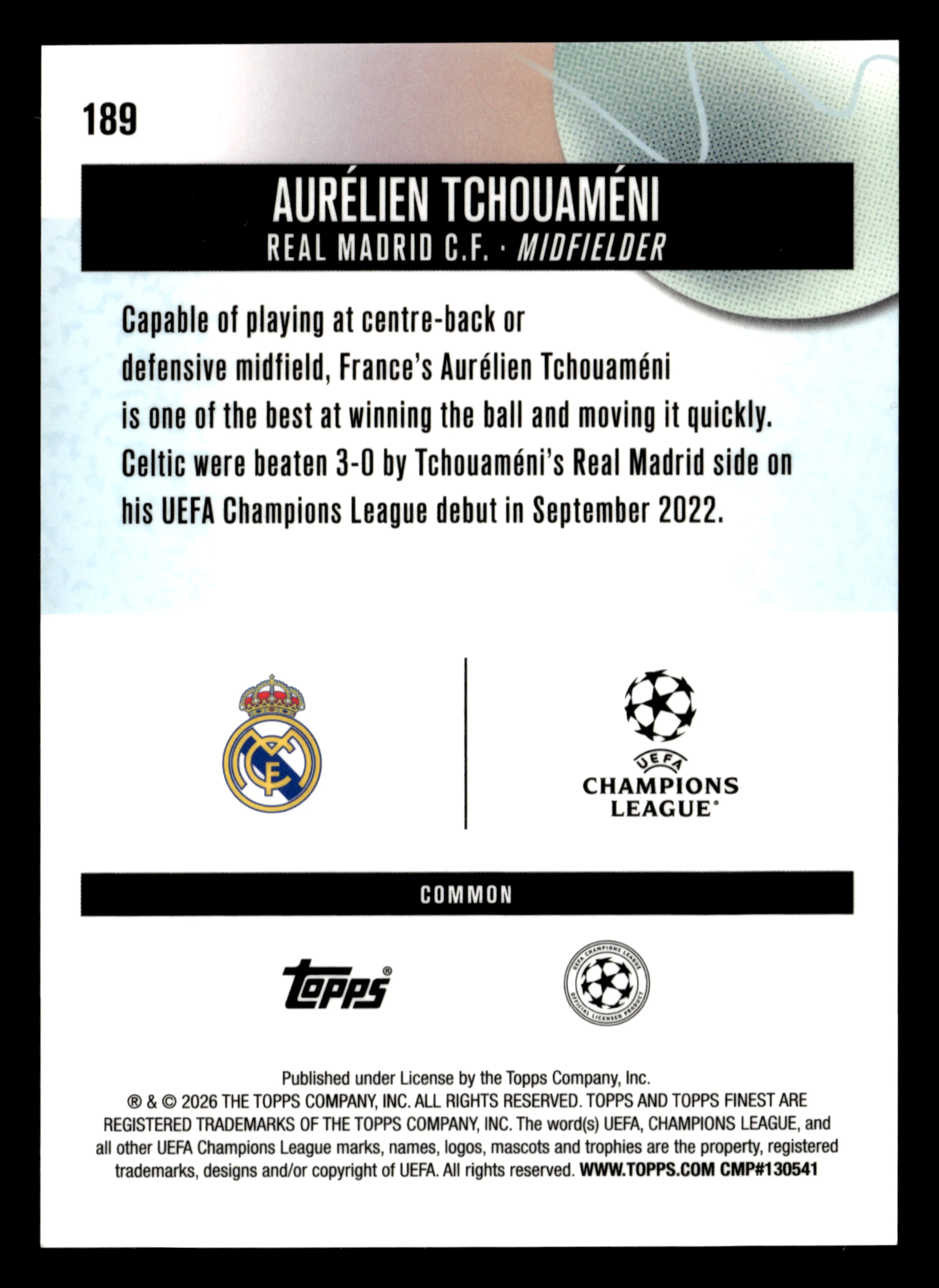 2025-26 Finest UCC #189 Aurélien Tchouaméni Black Refractor #/20 - Image 2