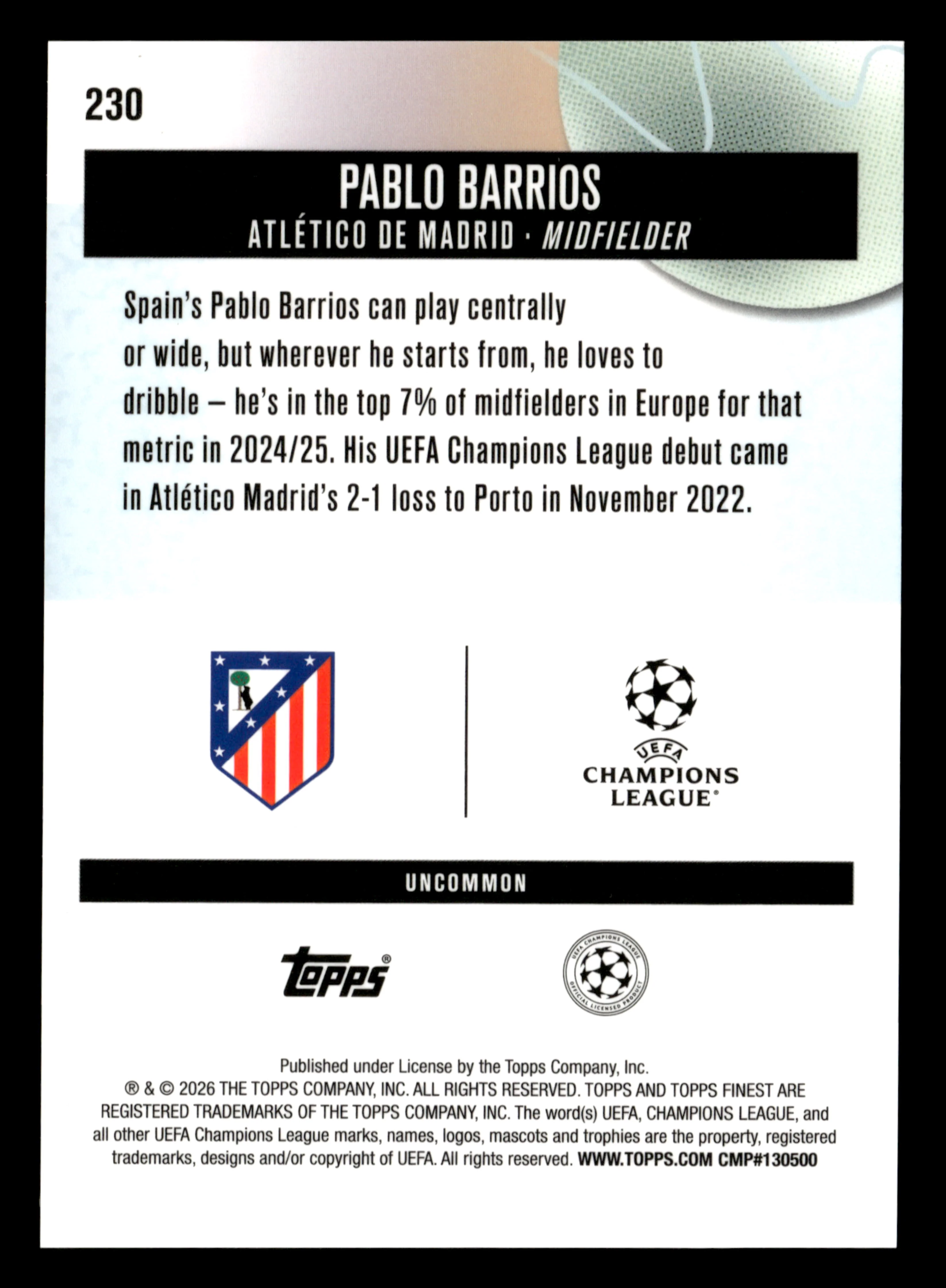 2025-26 Finest UCC #230 Pablo Barrios Blue Checkerboard Refractor #/75 - Image 2