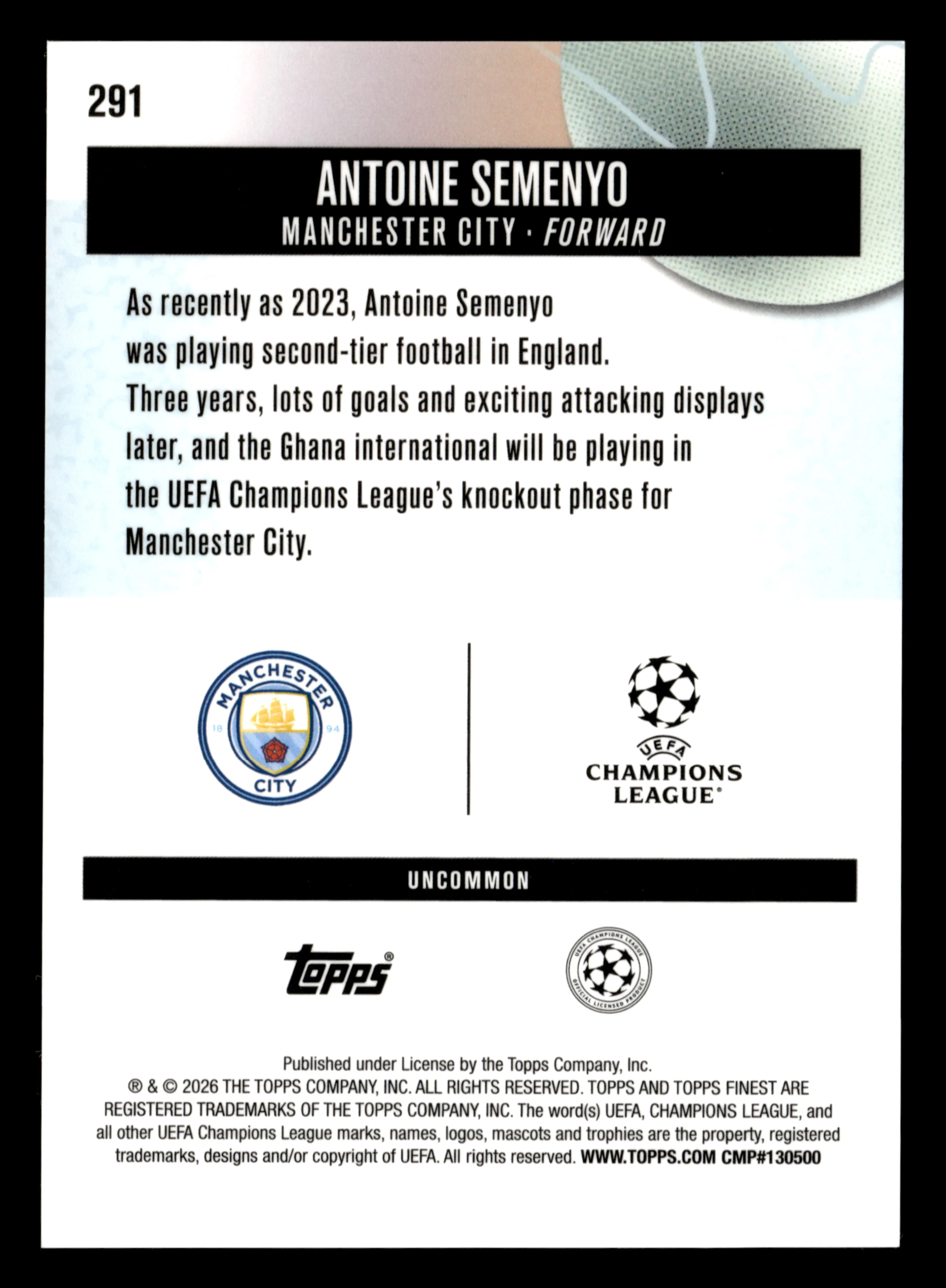 2025-26 Finest UCC #291 Antoine Semenyo Blue Checkerboard Refractor #/75 - Image 2