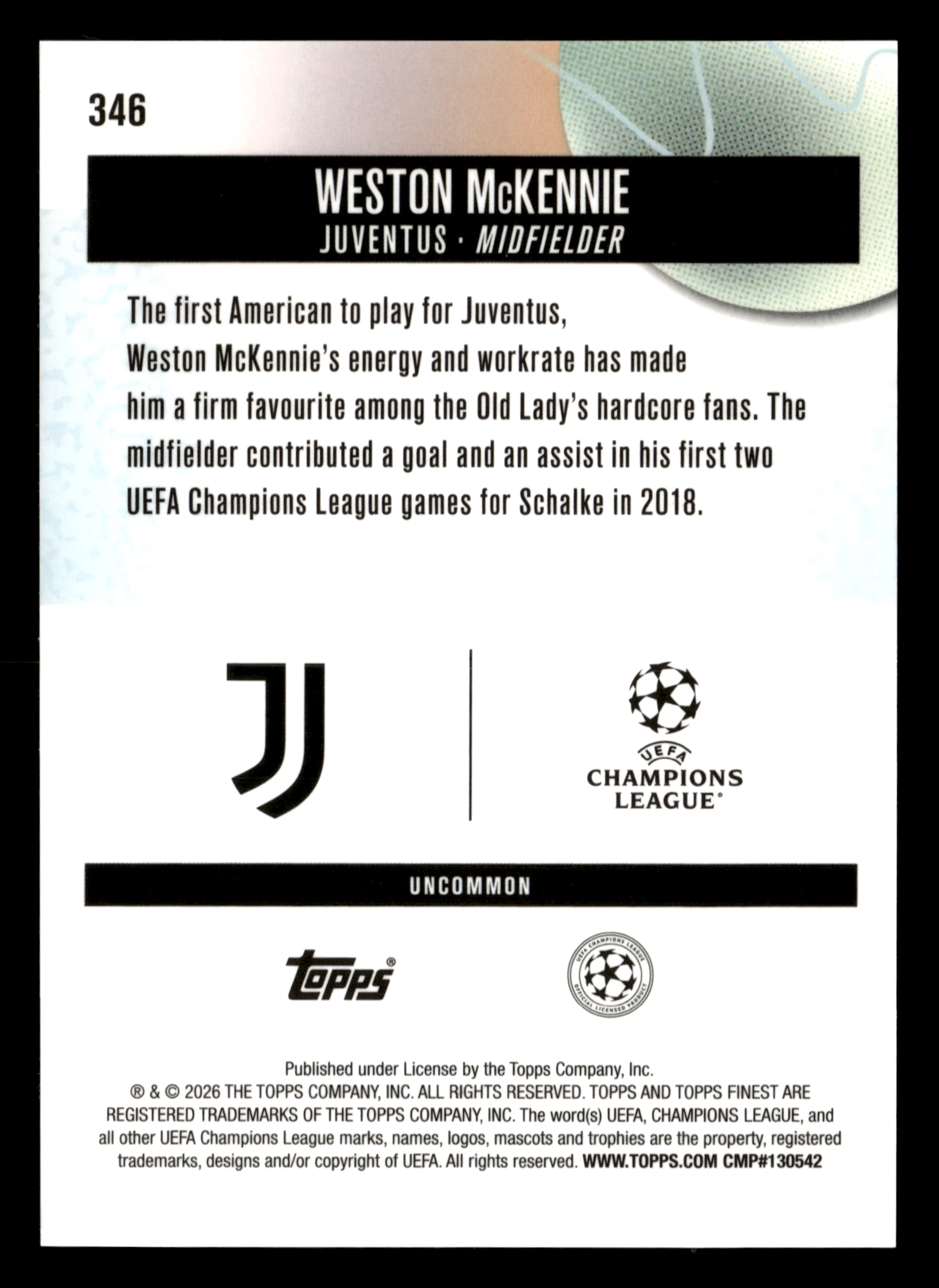 2025-26 Finest UCC #346 Weston McKennie Blue Checkerboard Refractor #/75 - Image 2